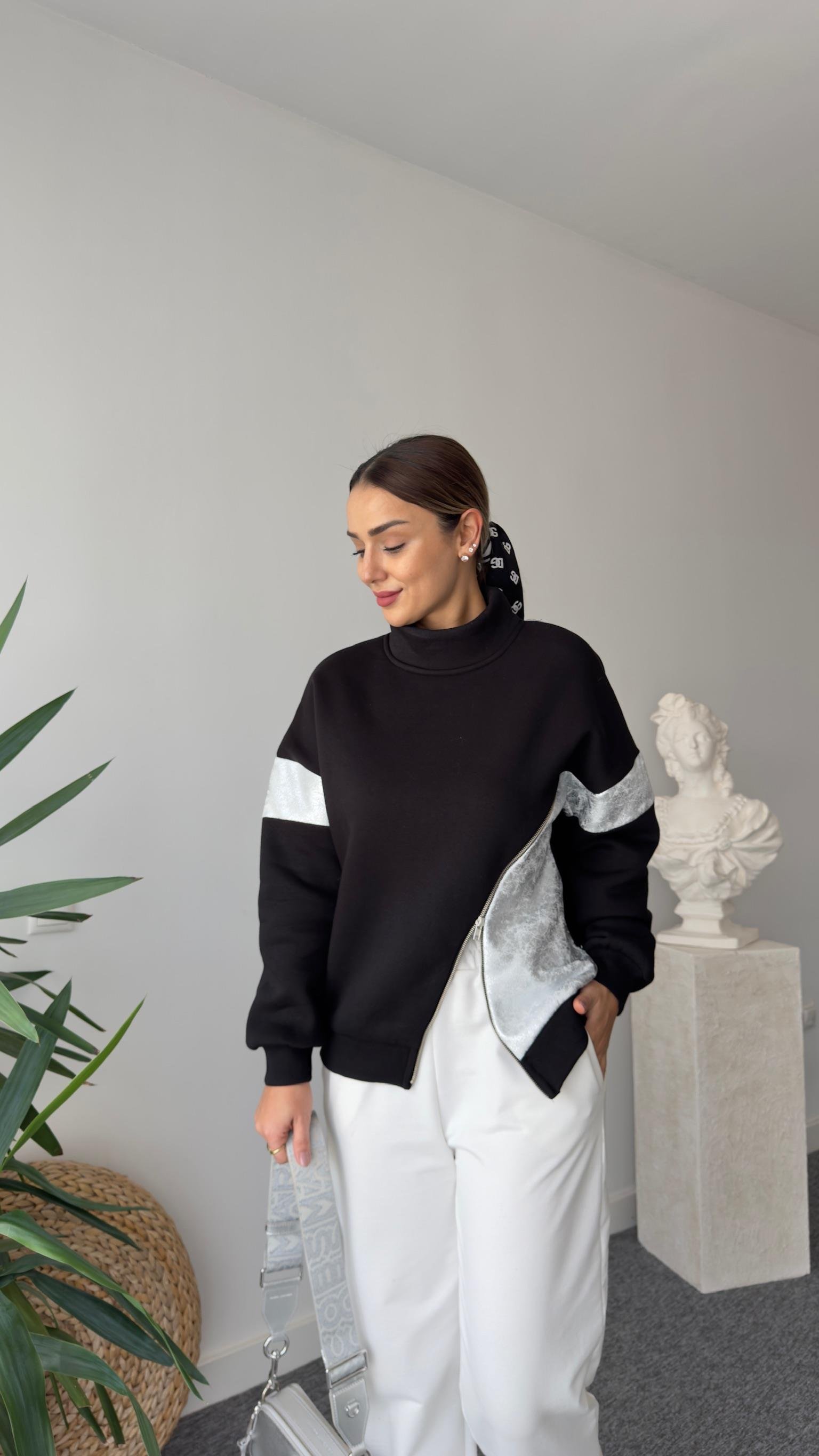 Fermuar Ve Varak Detaylı Siyah Sweatshirt