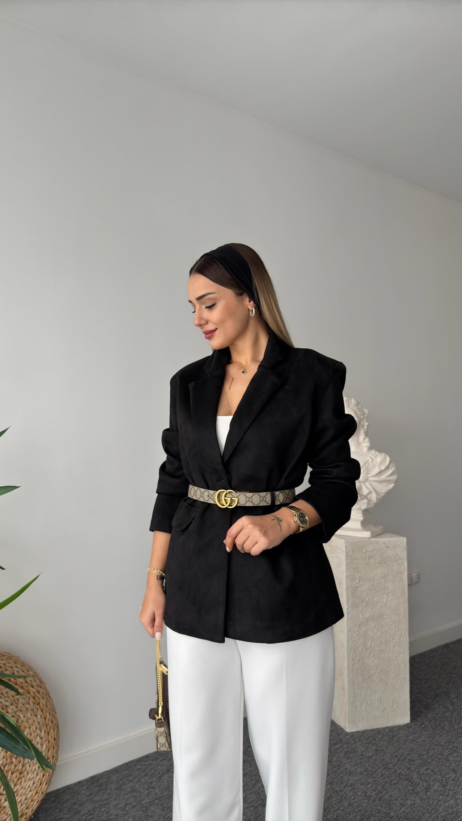 Quir Siyah Süet Blazer Ceket