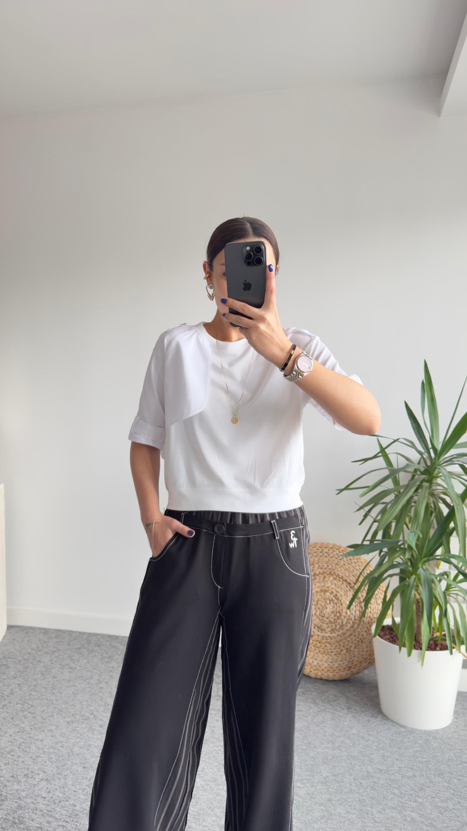 Perla Poplin Detaylı Beyaz Tshirt