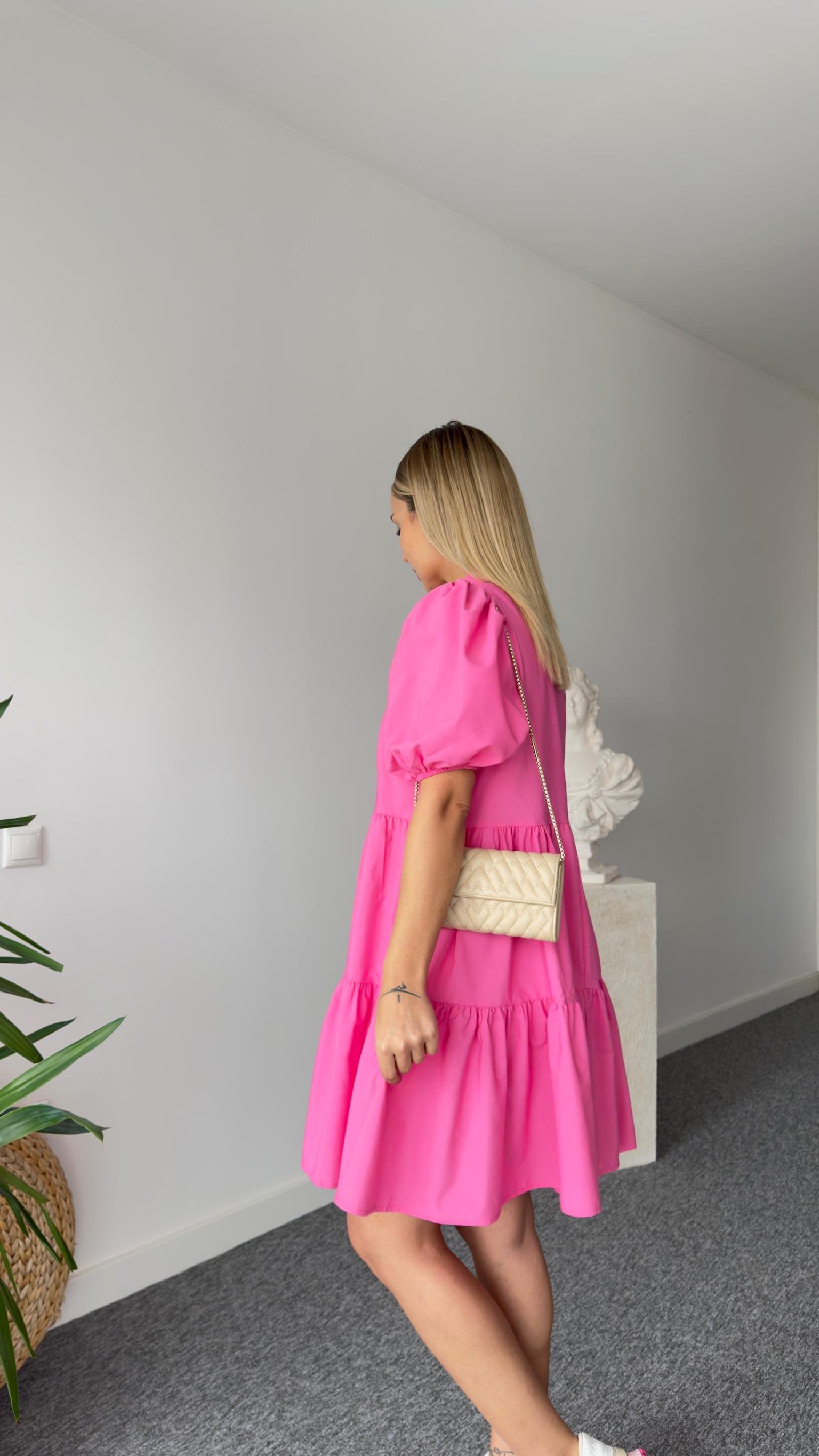 Hakim Yaka Volanlı Pembe Elbise 
