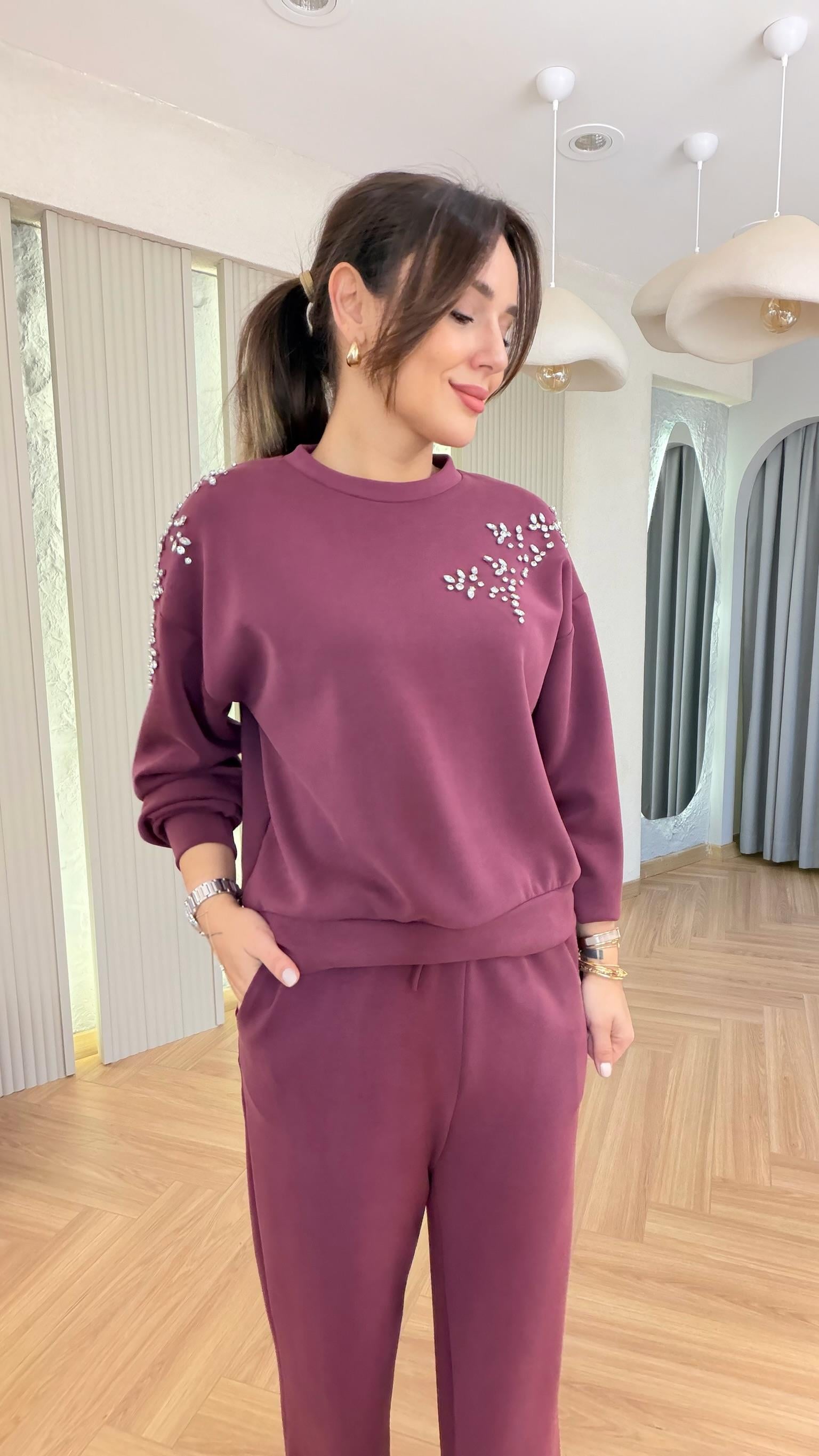 Bordo Rebore Taş Detaylı Modal Takım