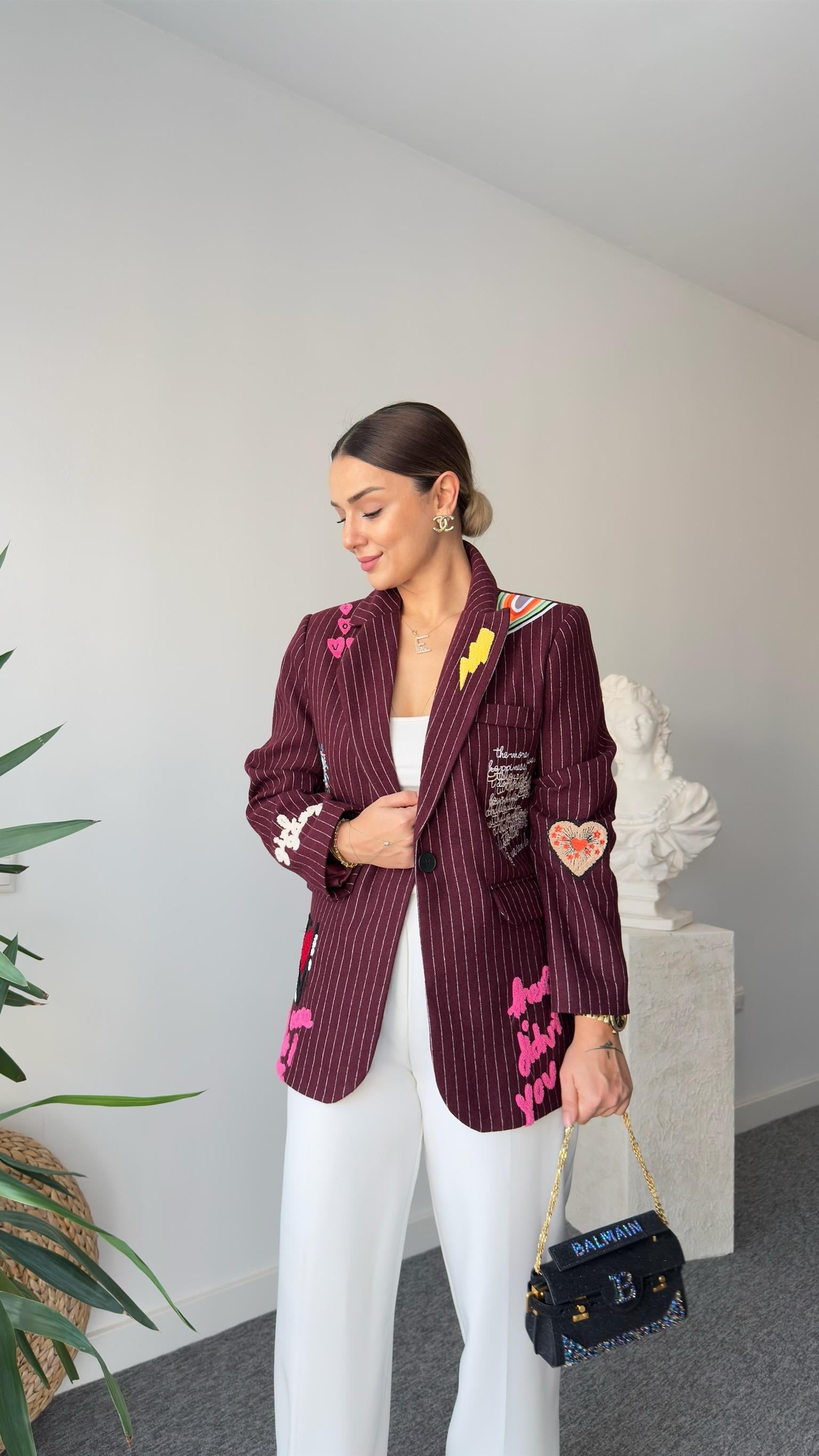 Bordo Jovena Nakış Detaylı Tasarım Kaşe Blazer
