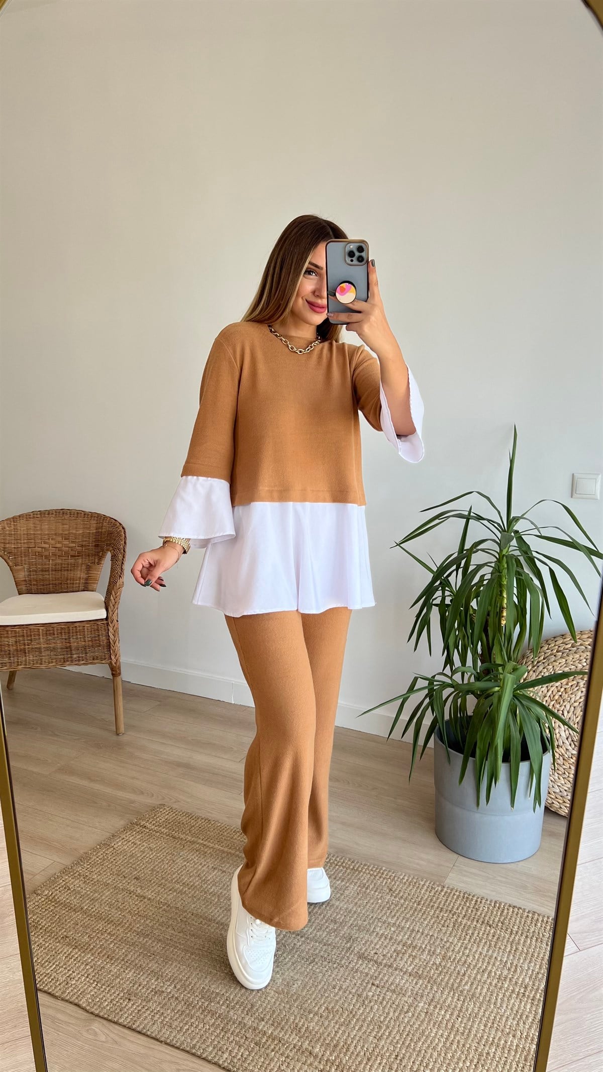 Camel Gömlek Detaylı Bluz Pantolon Takım