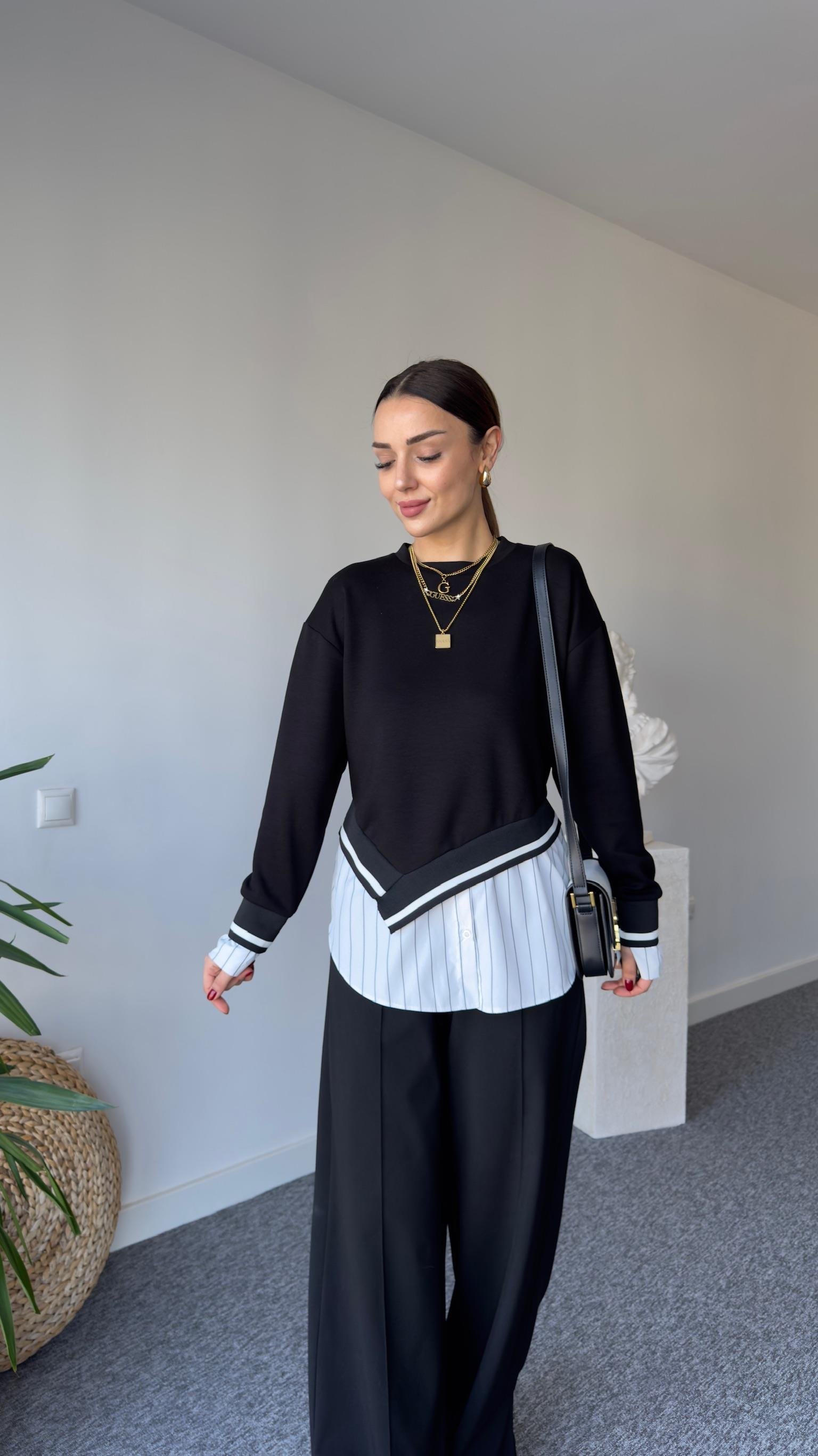 Asimetrik Ribanalı Çizgili Gömlek Detay Modal Sweat