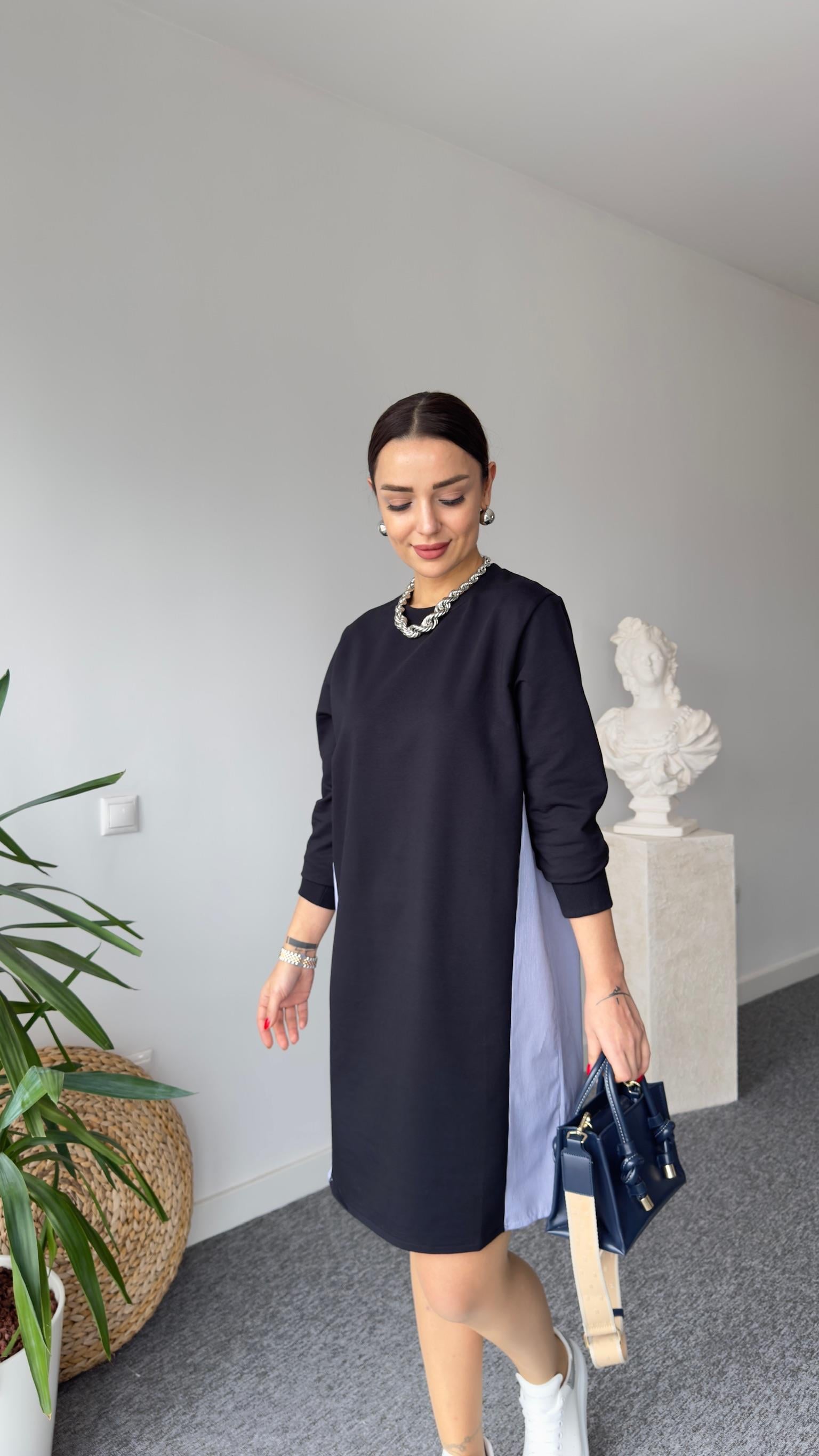 Sırt Çizgili Poplin Detay Basic Elbise 