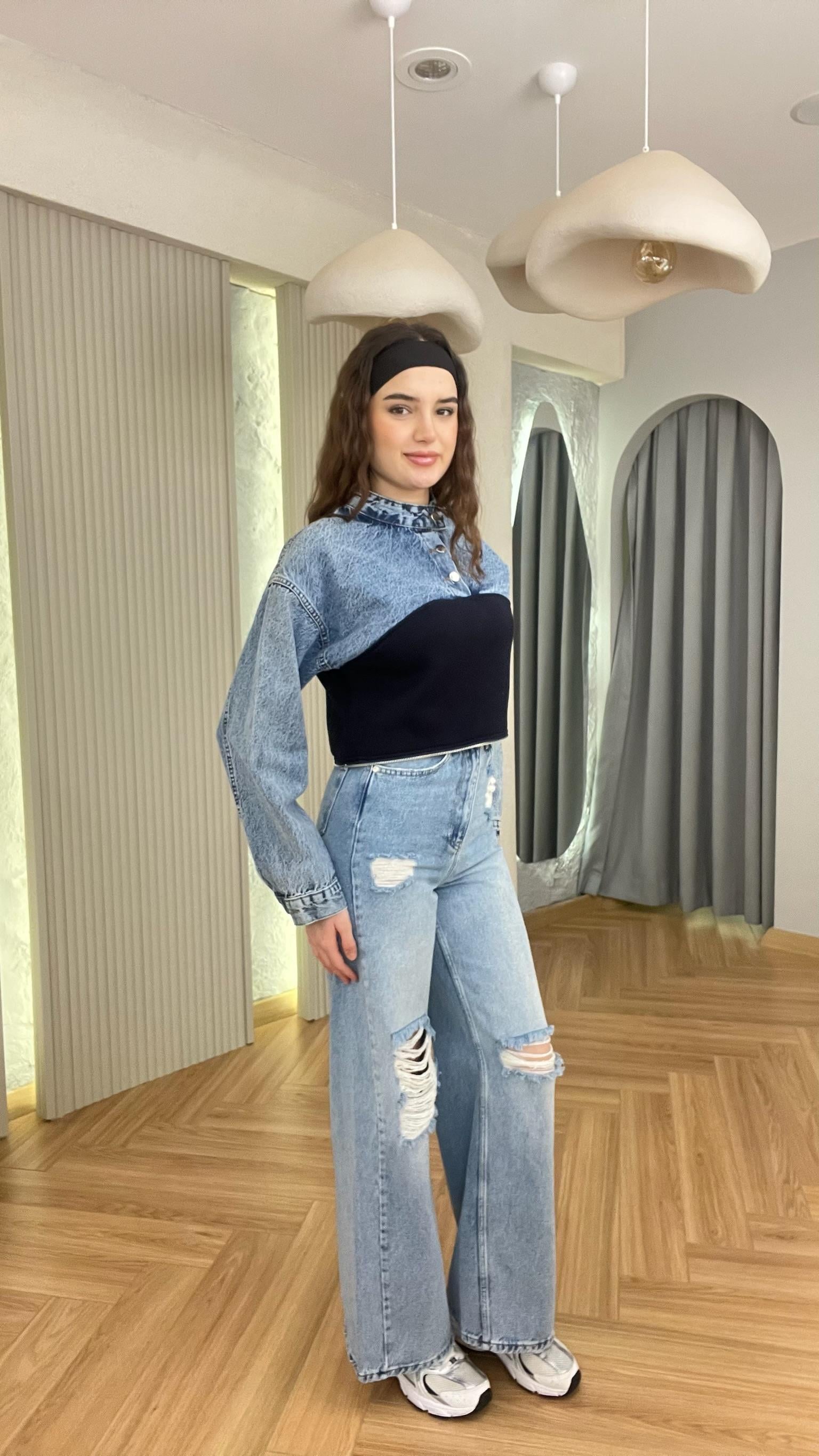 Mavi Kot Garnili Fermuarlı Sweat