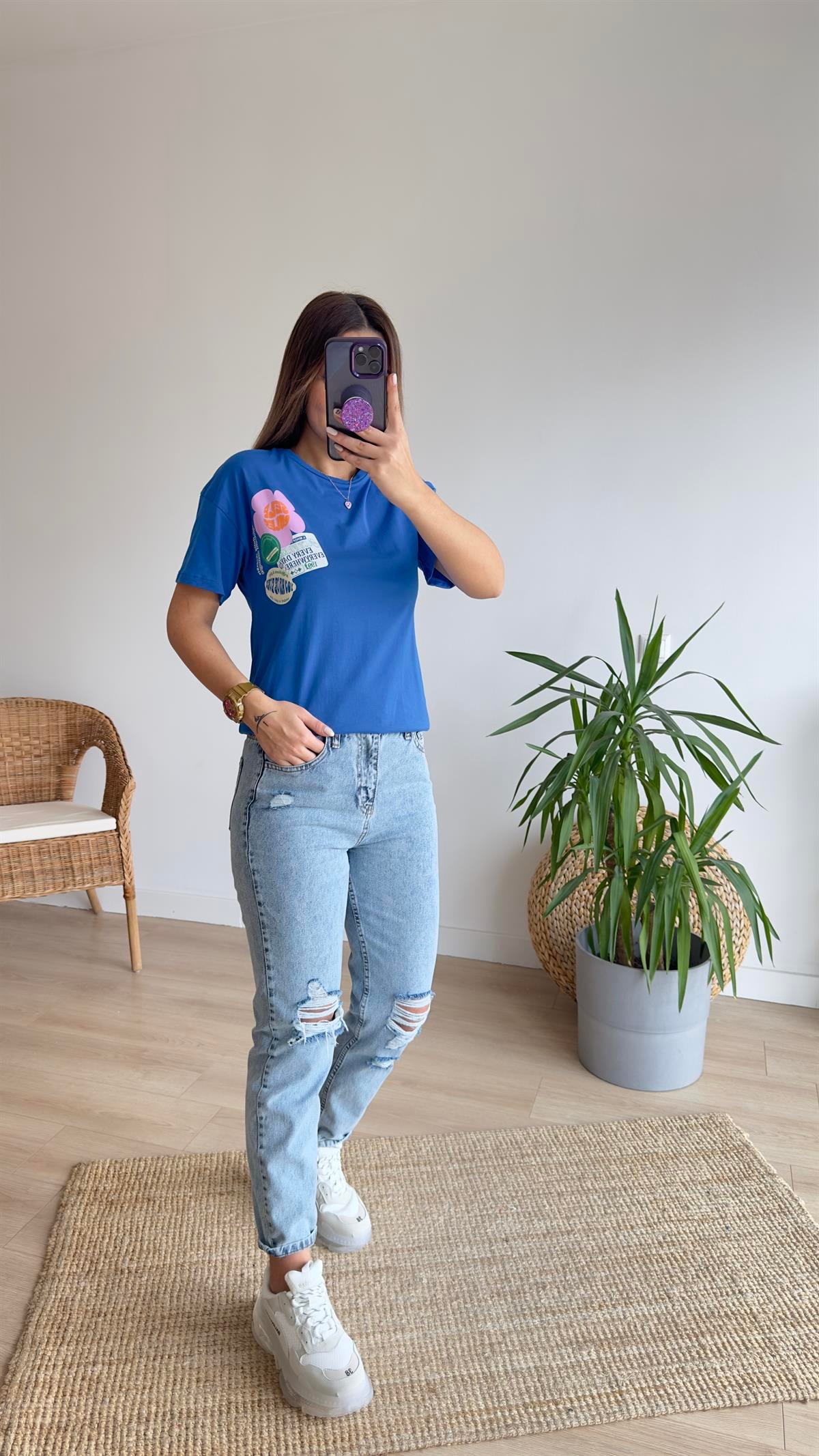 Ön Arka Baskı Detaylı Mavi Tshirt