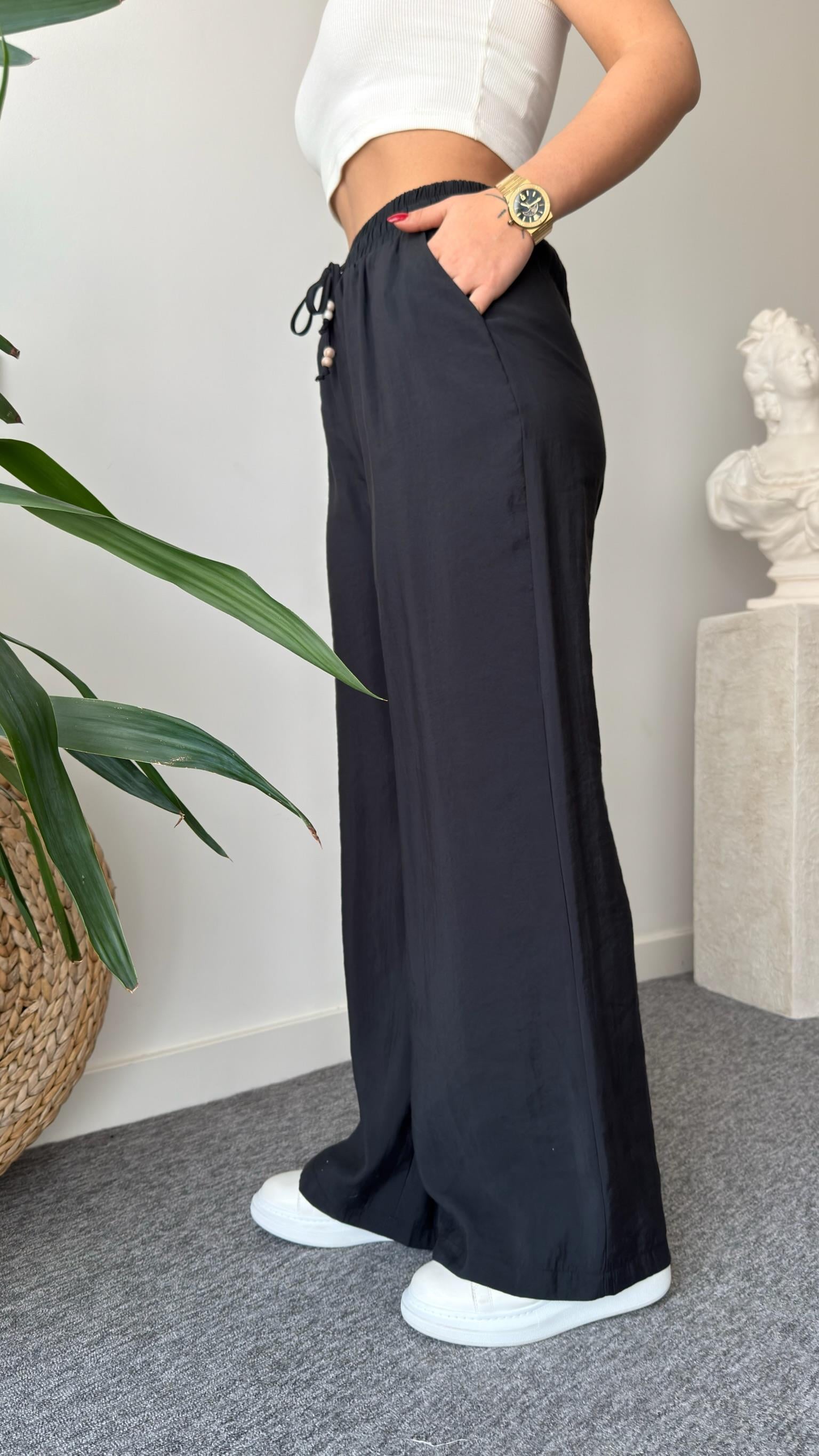 Siyah Montel Bel Lastikli Tensel Pantolon