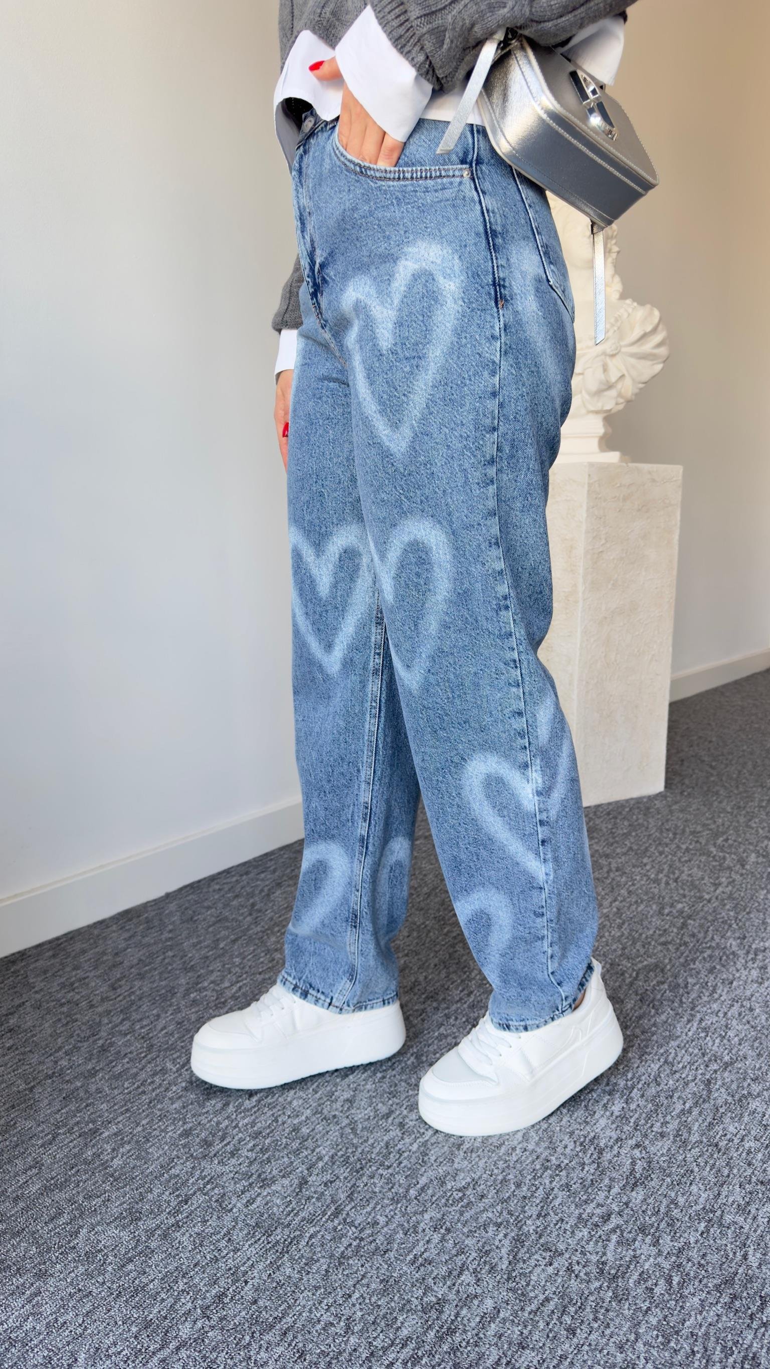 Kalp Desenli Yüksek Bel Jean