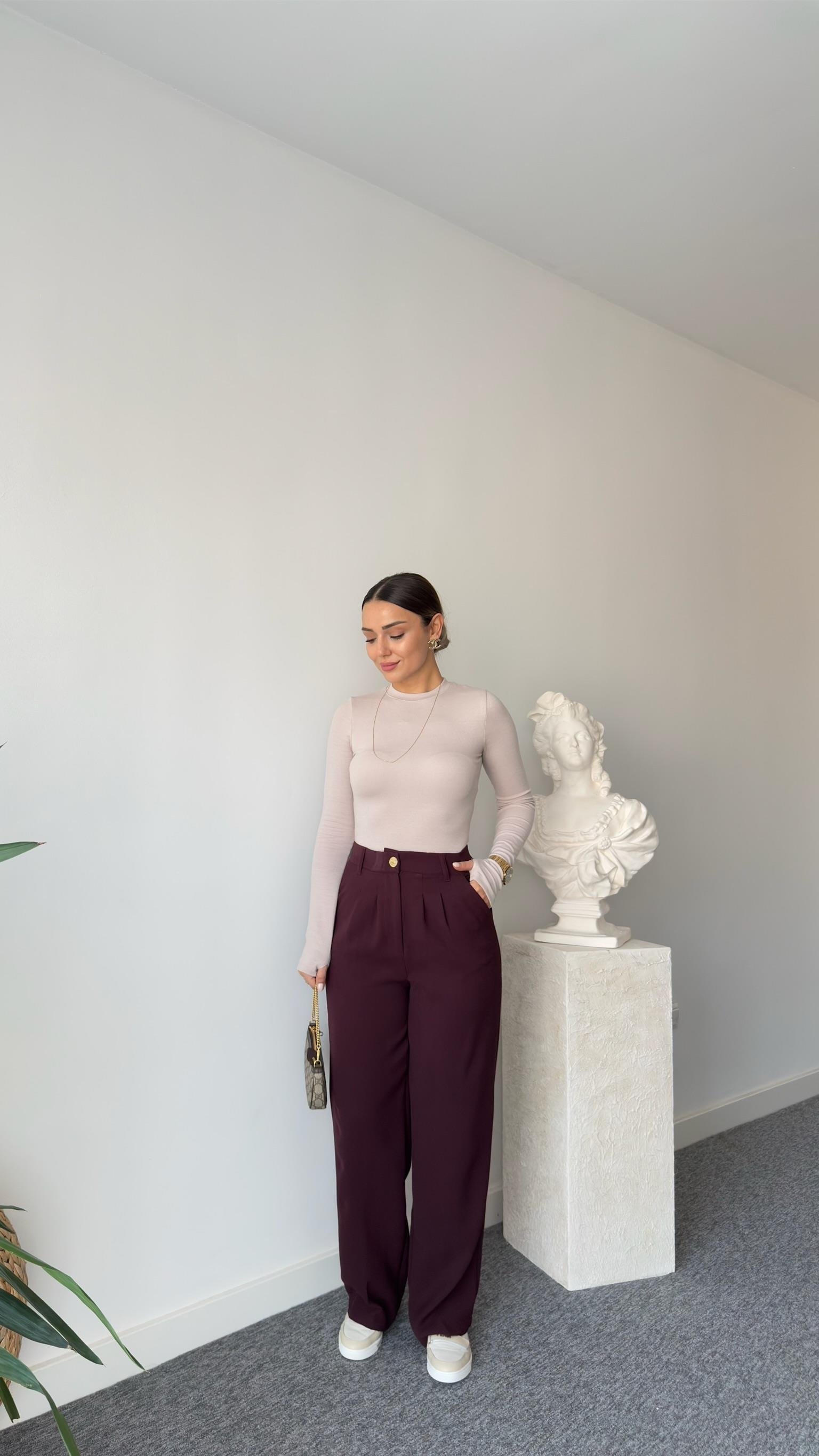 Bordo Gold Düğme Bel Lastikli Pantolon