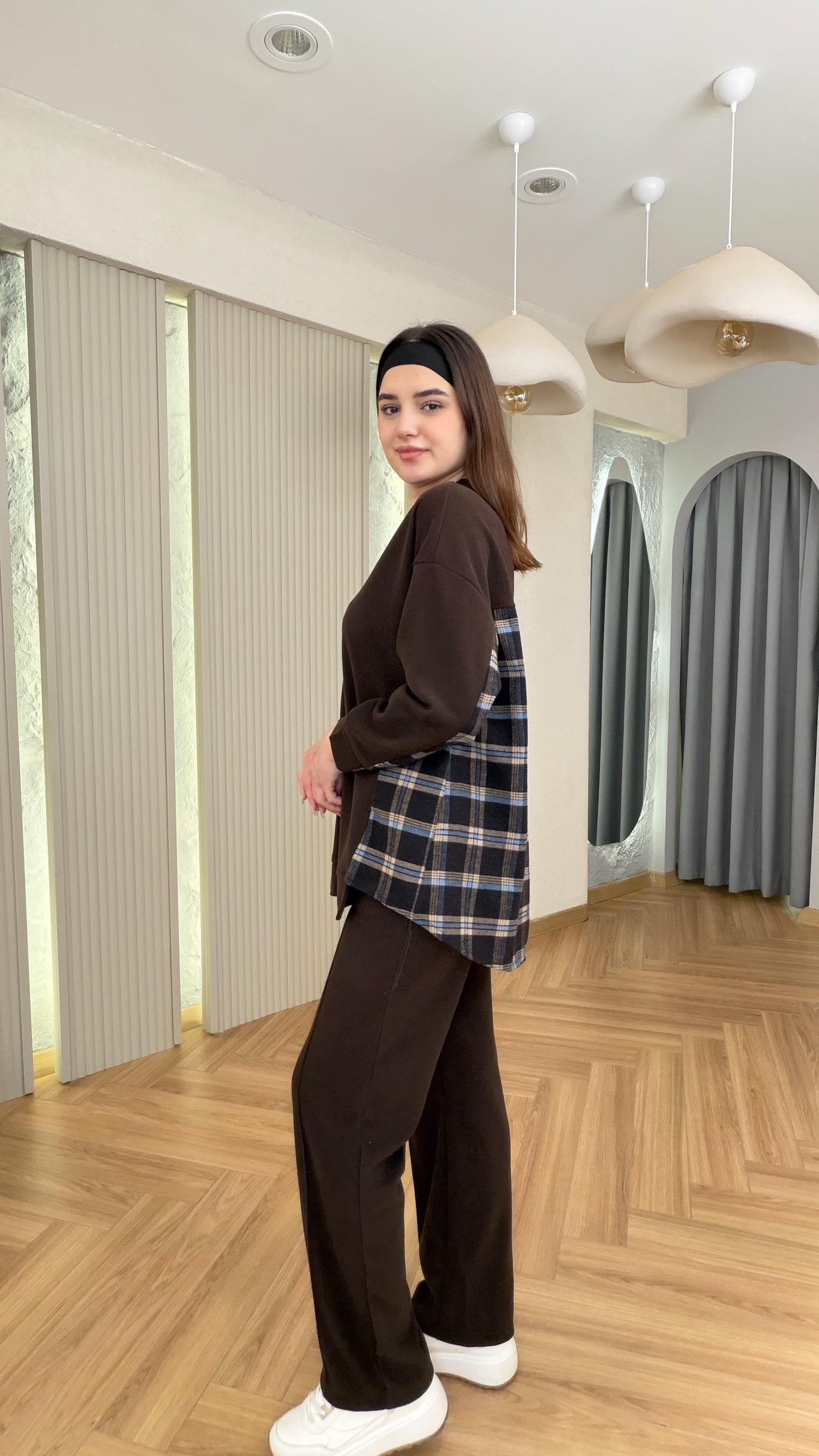 Kahve Lapel Ekose Garnili Selanik Takım
