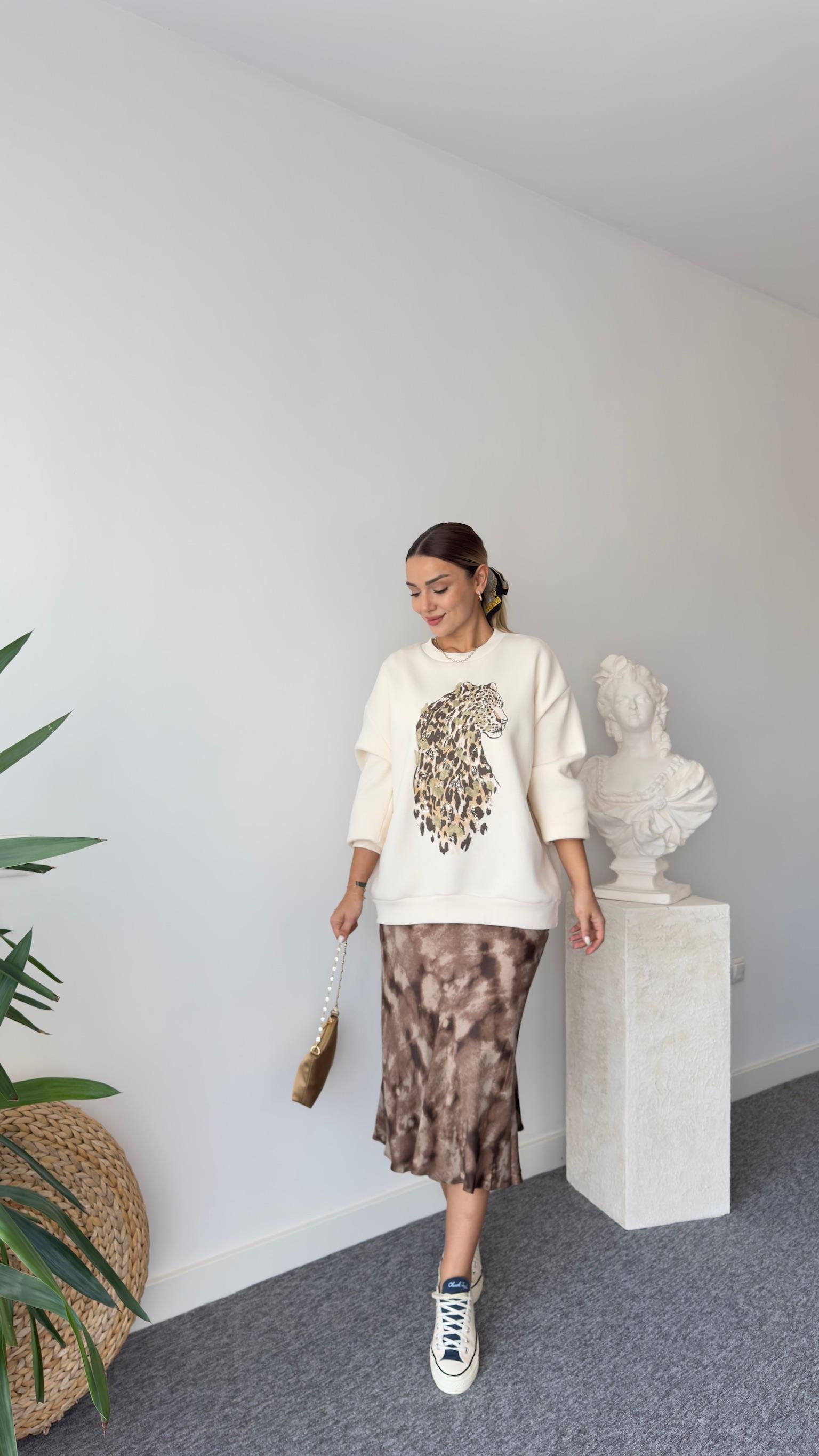 Naji Leopar Baskılı Bej Sweatshirt