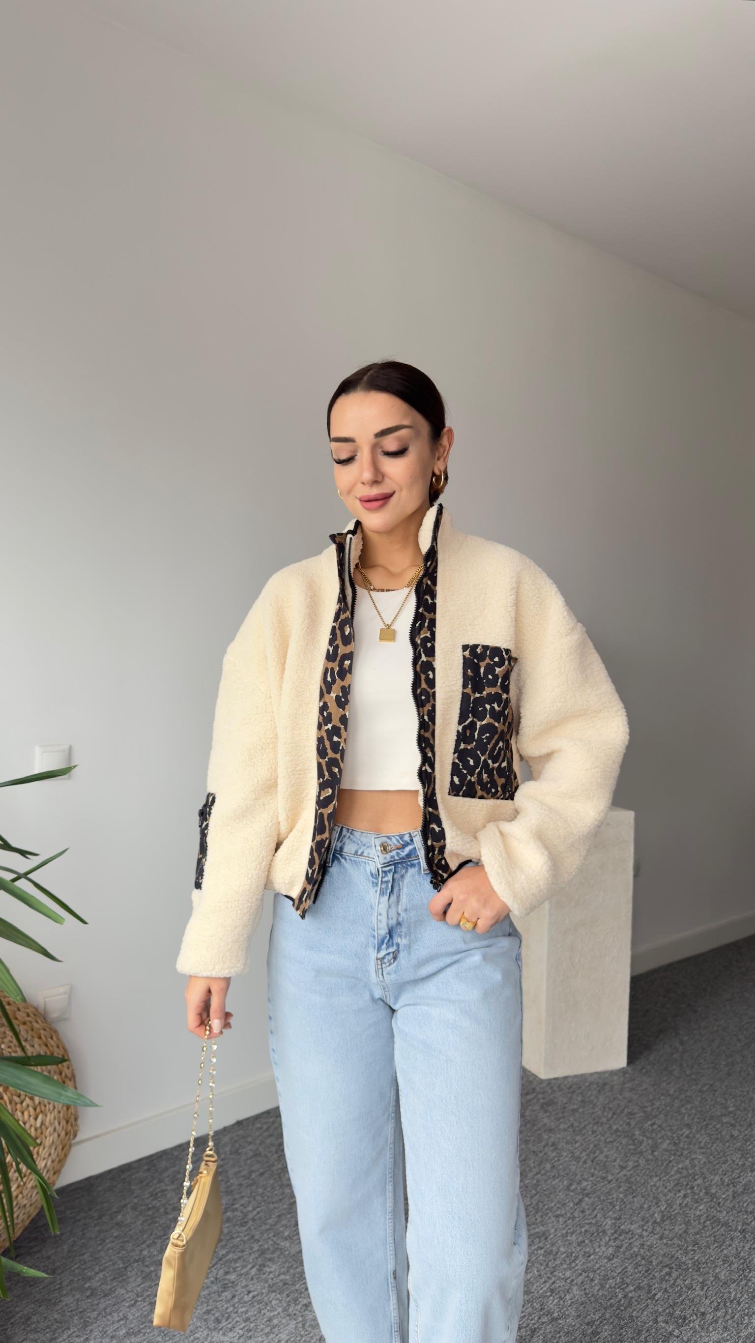 Leopar Detaylı Astarlı Teddy Ceket