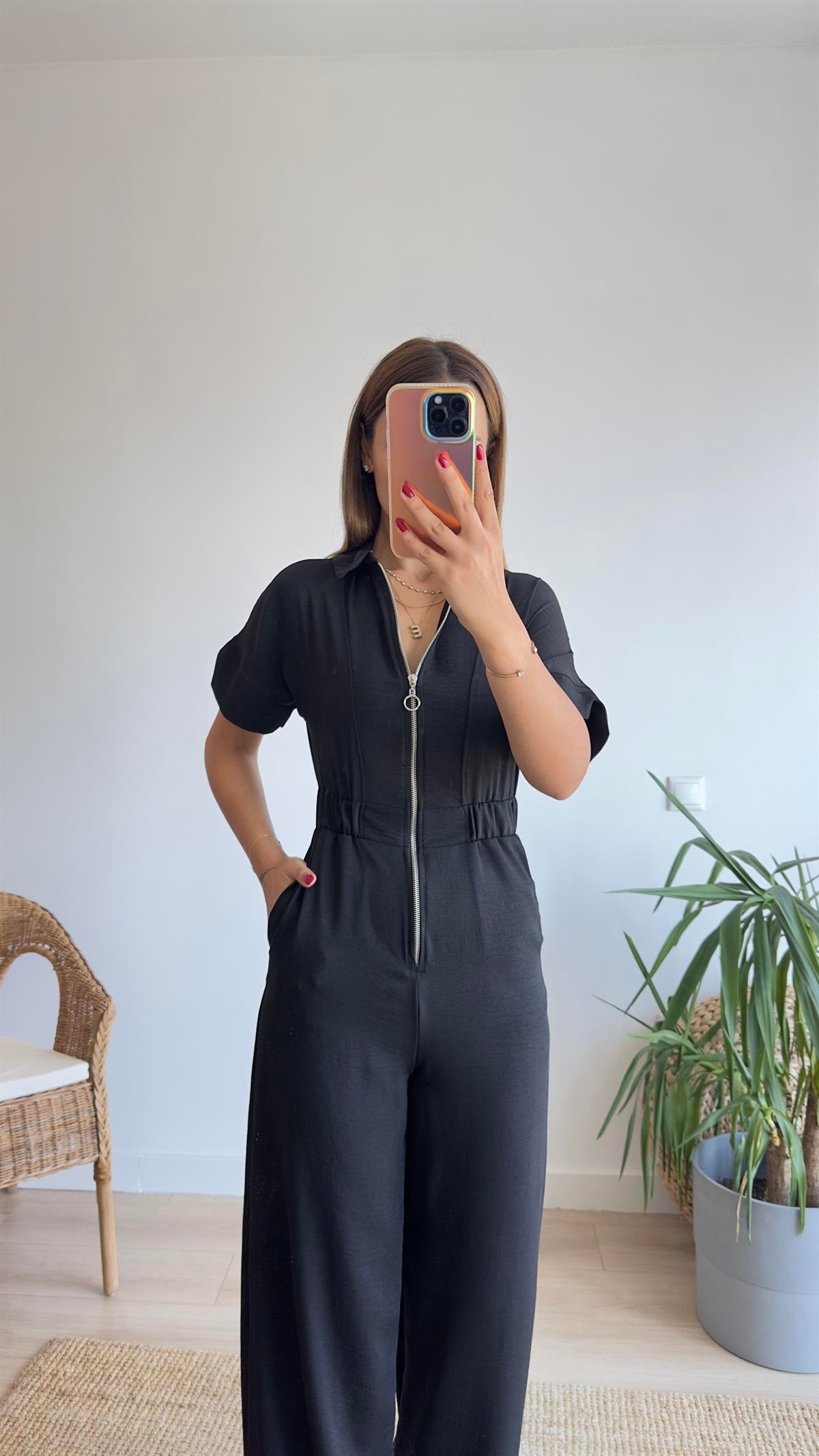 Santo Beli Lastikli Fermuar Detay Siyah Tulum