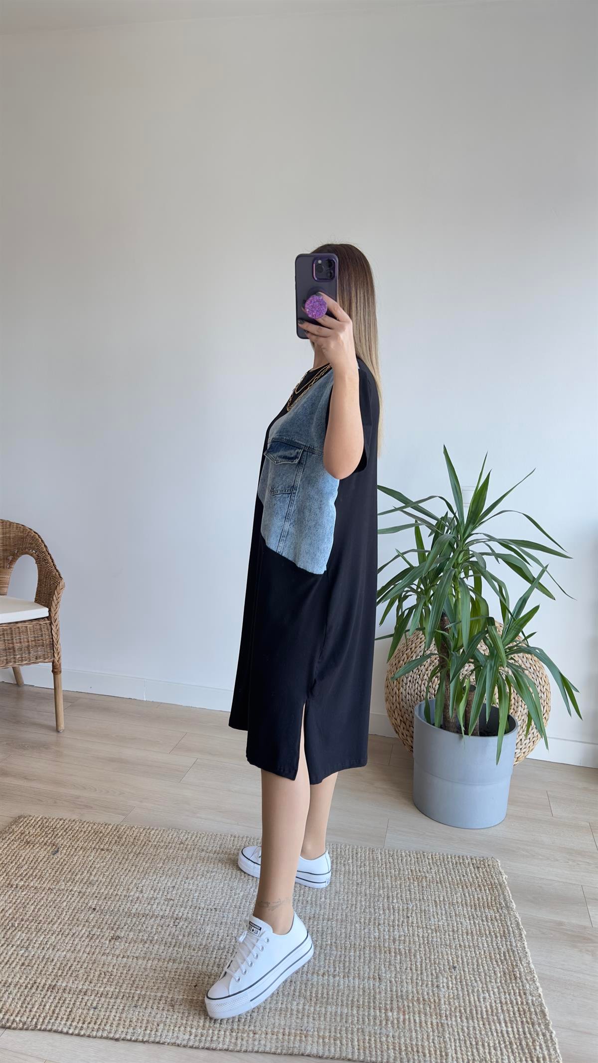Kot Detaylı Siyah Basic Elbise 