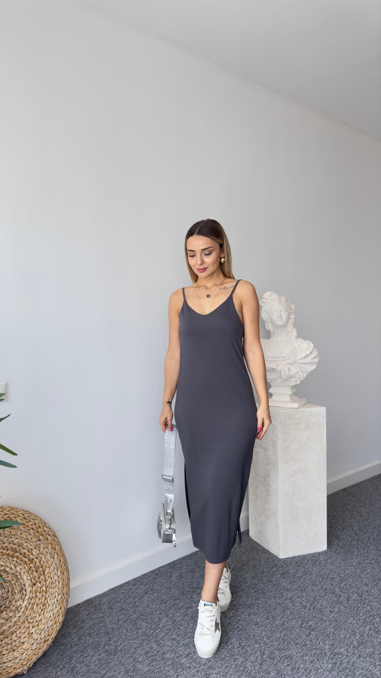 Katala Yırtmaçlı Antrasit Modal Elbise 