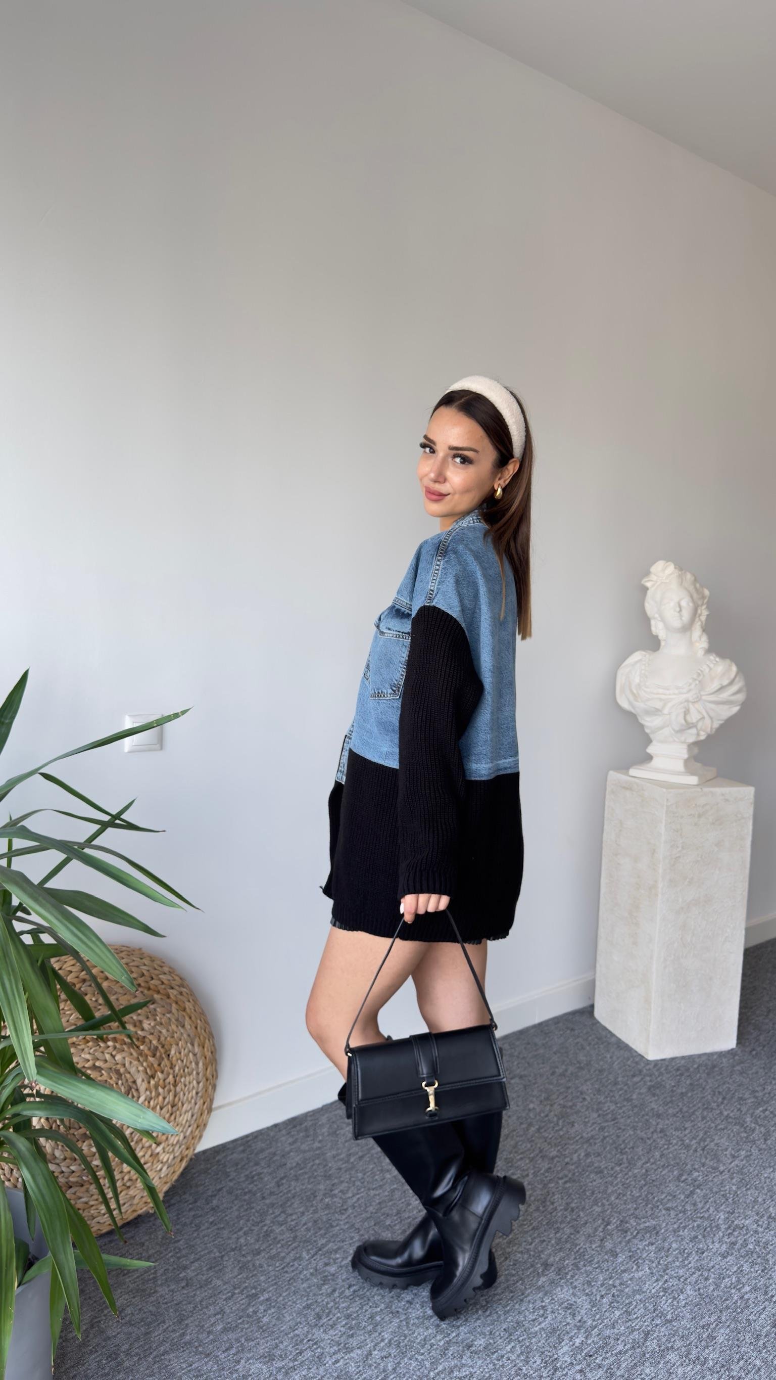 Üstü Kot Altı Siyah Triko Detaylı Hırka 