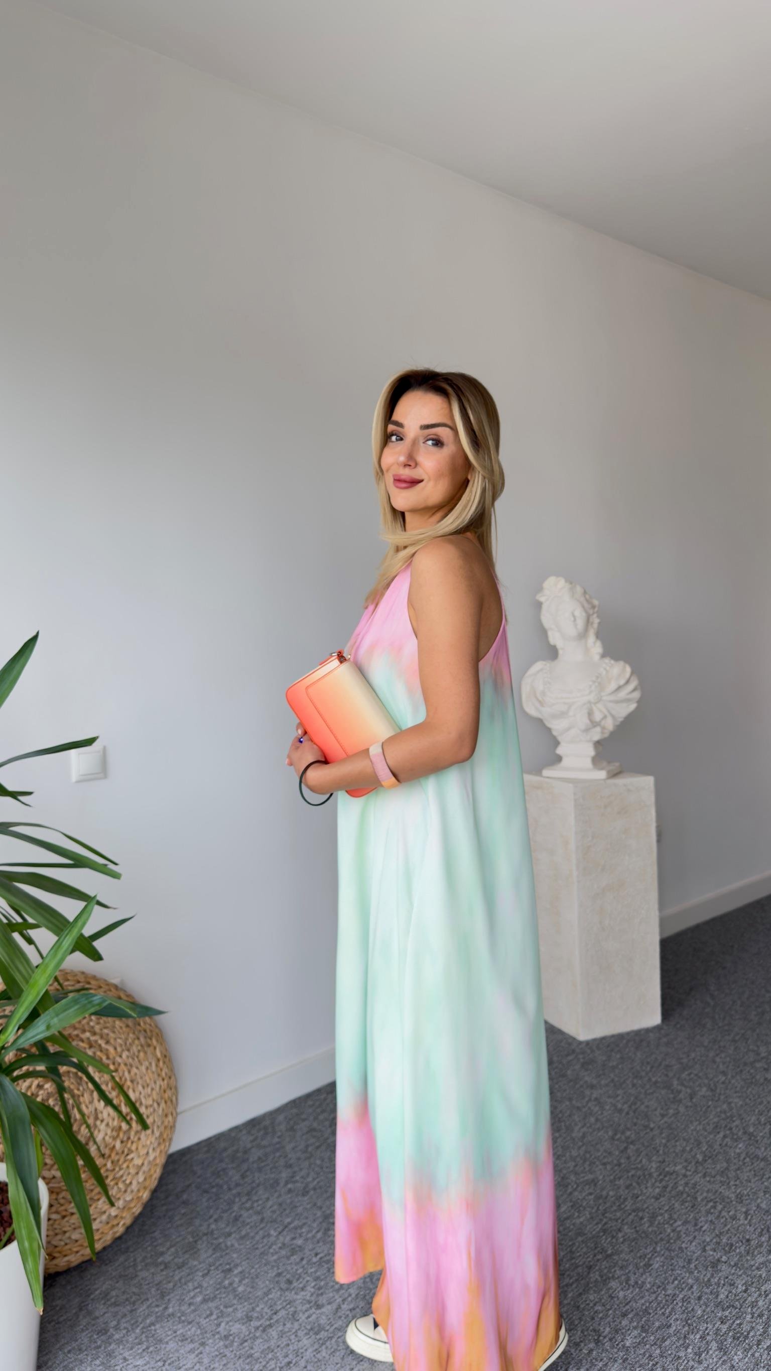 Senta Yeşil Pembe Desenli Elbise 
