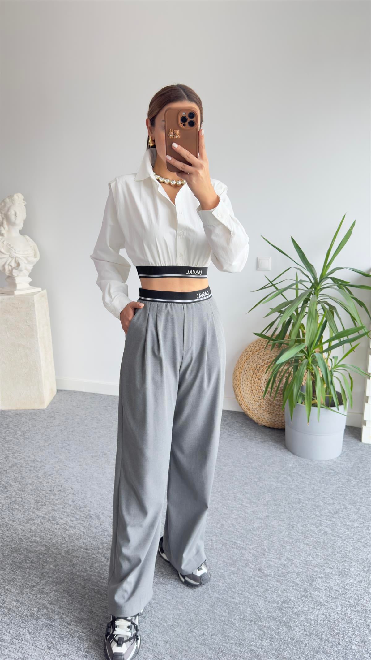 Gri Bel Casual Lastik Detay Pantolon