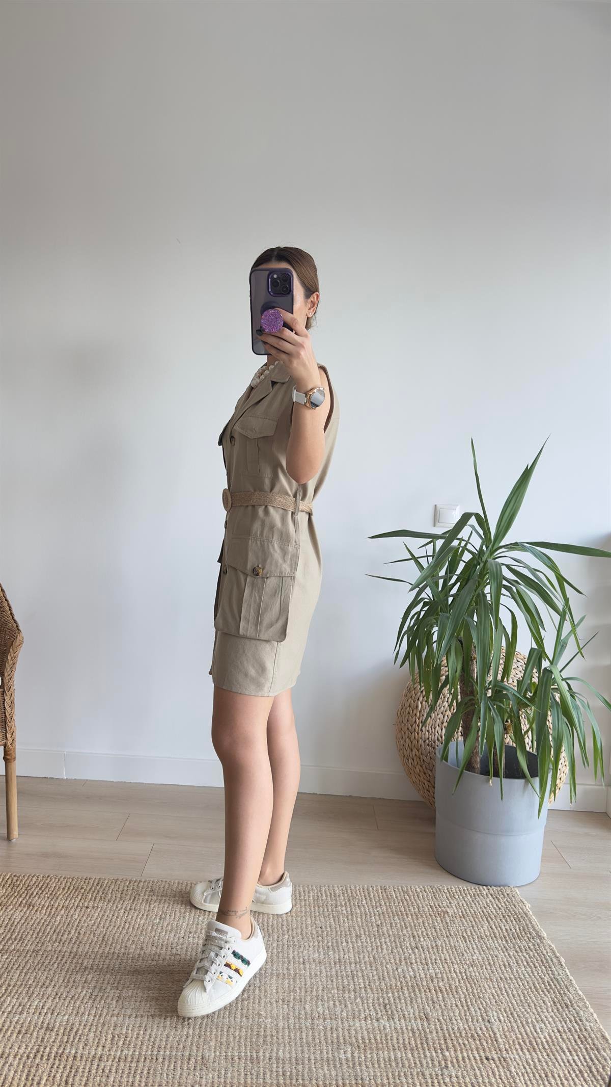 Utto Zra Model Kemerli Bej Keten Elbise