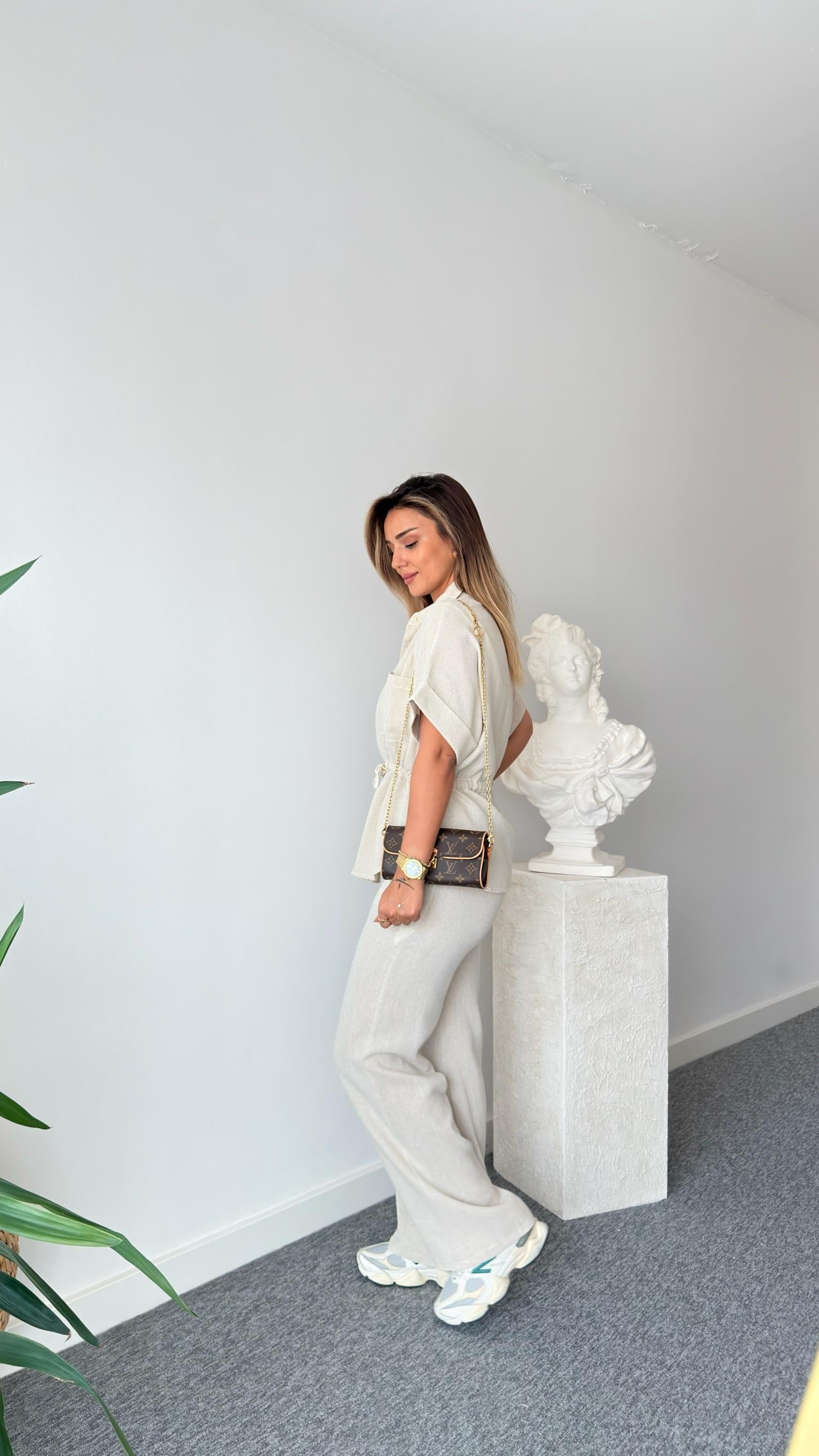 Risha Zra Model Bel Büzgülü Keten Takım