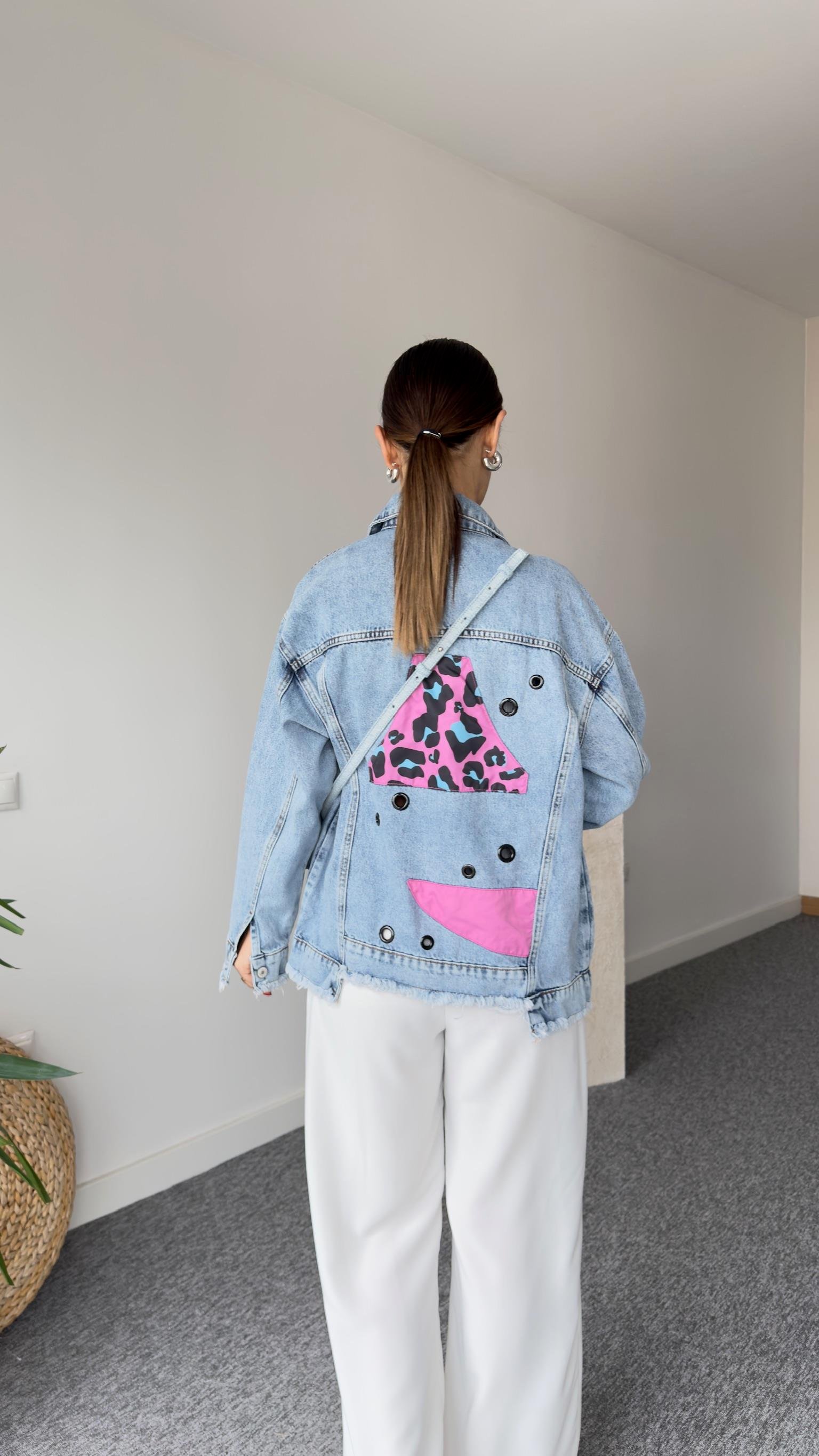 Lera Pembe Leopar Detaylı Tasarım Jean Ceket
