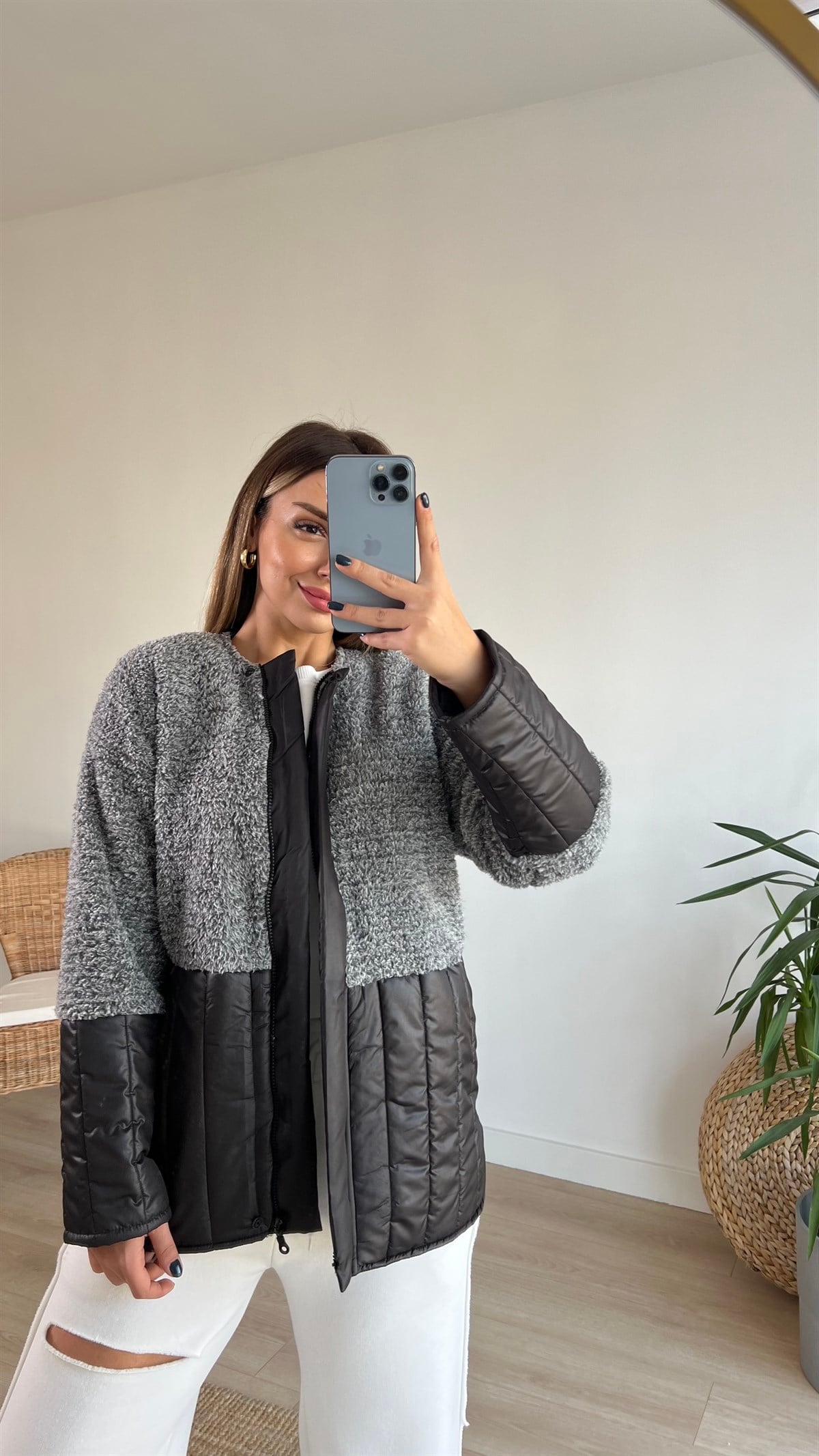 Kapitone Detaylı Gri Polar Mont
