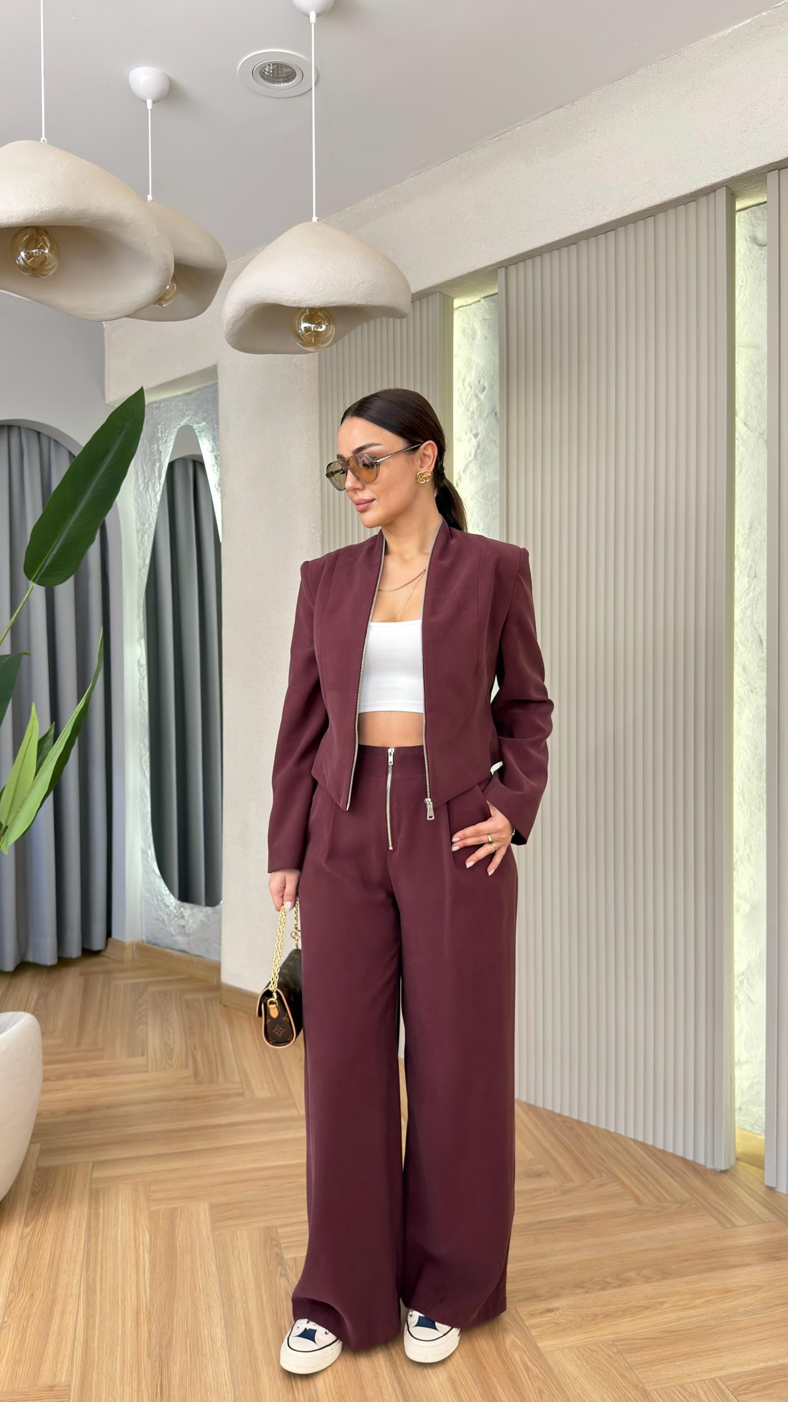 Bordo Yakadan Fermuarlı Premium Tensel Takım