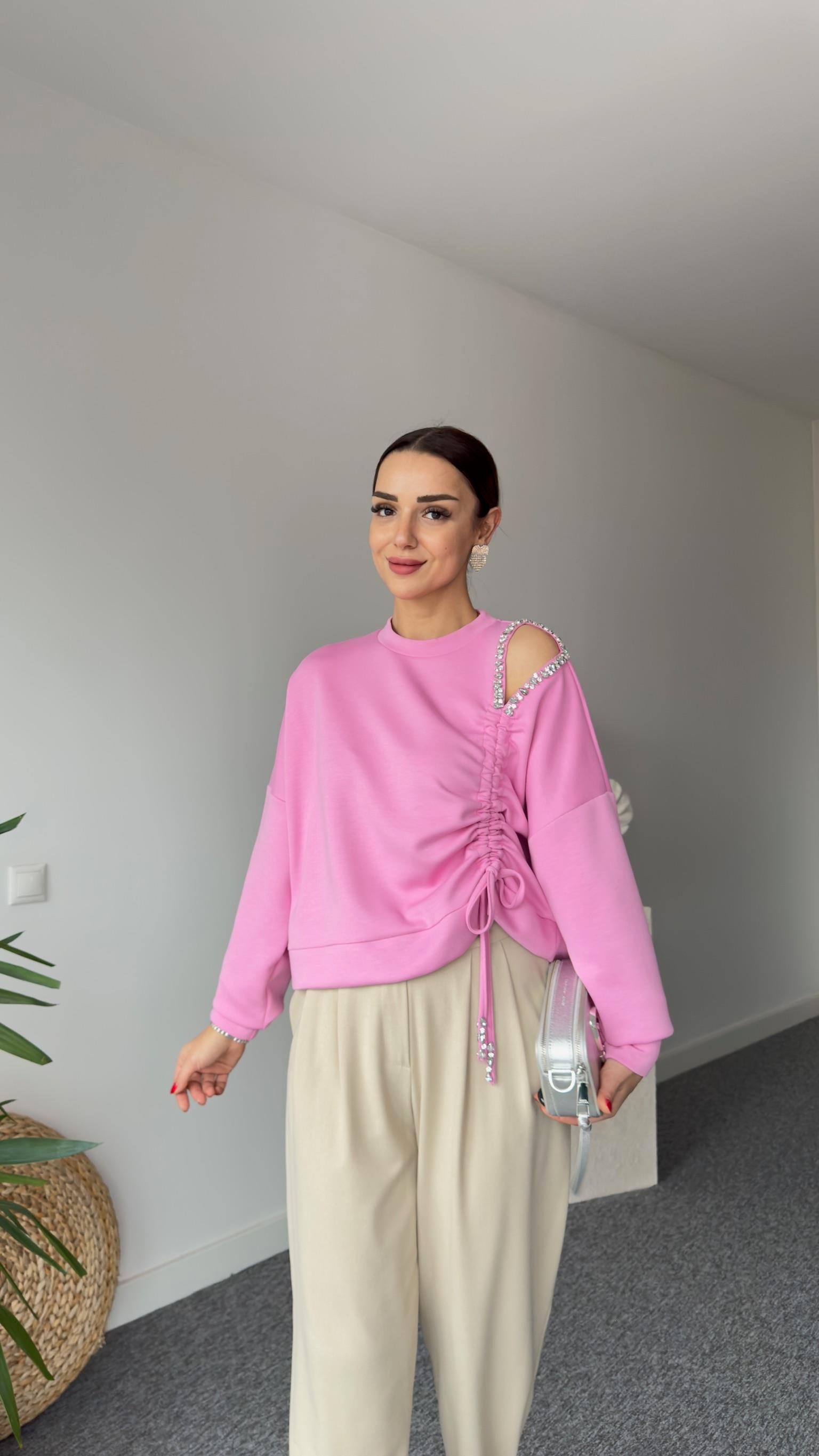 Premıum Büzgülü Taş Detay Pembe Modal Sweat