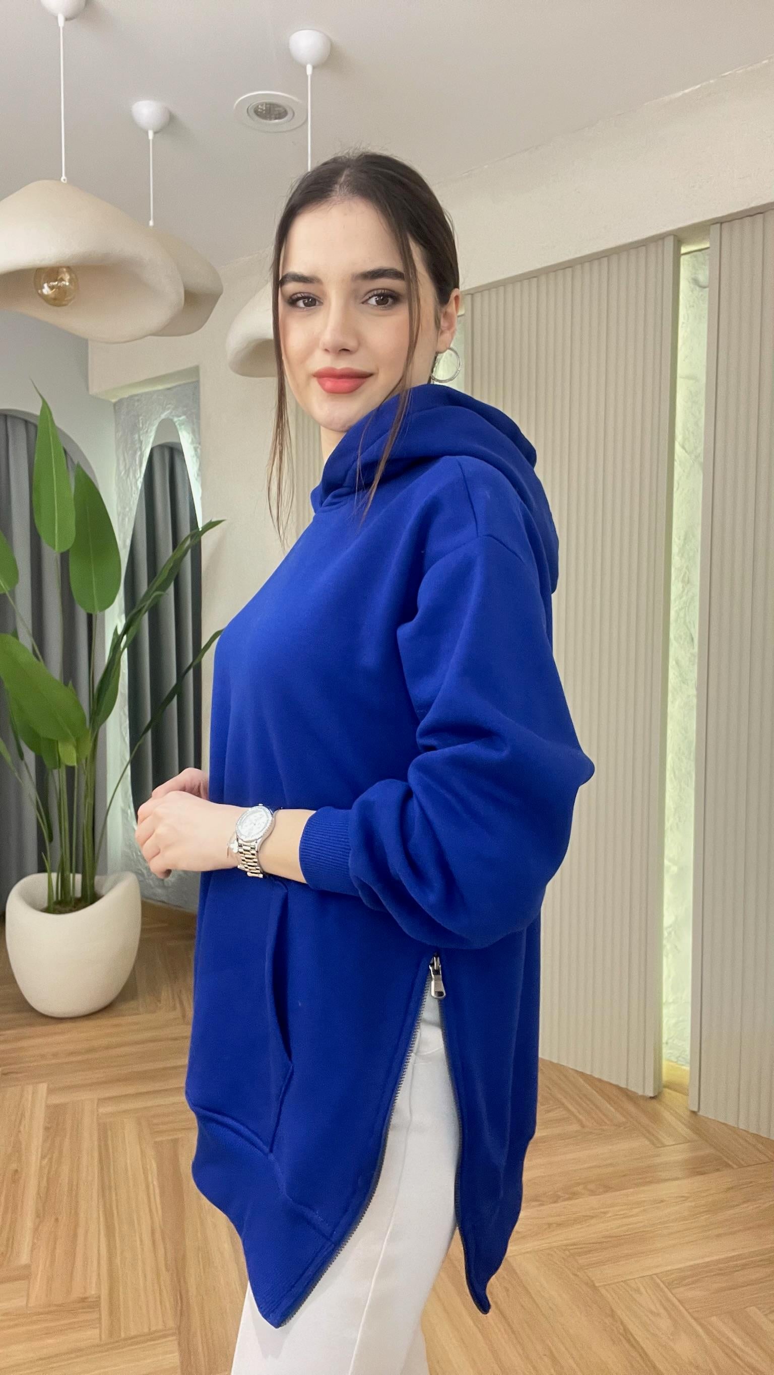Mavi Wels Yan Fermuarlı Şardonlu Sweatshirt