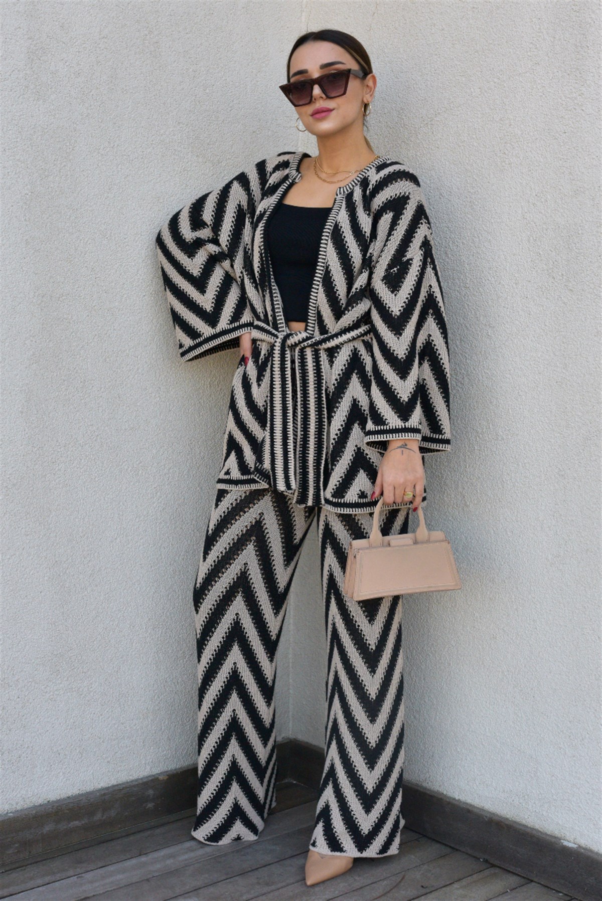 Desenli Örme Kimono Ceket