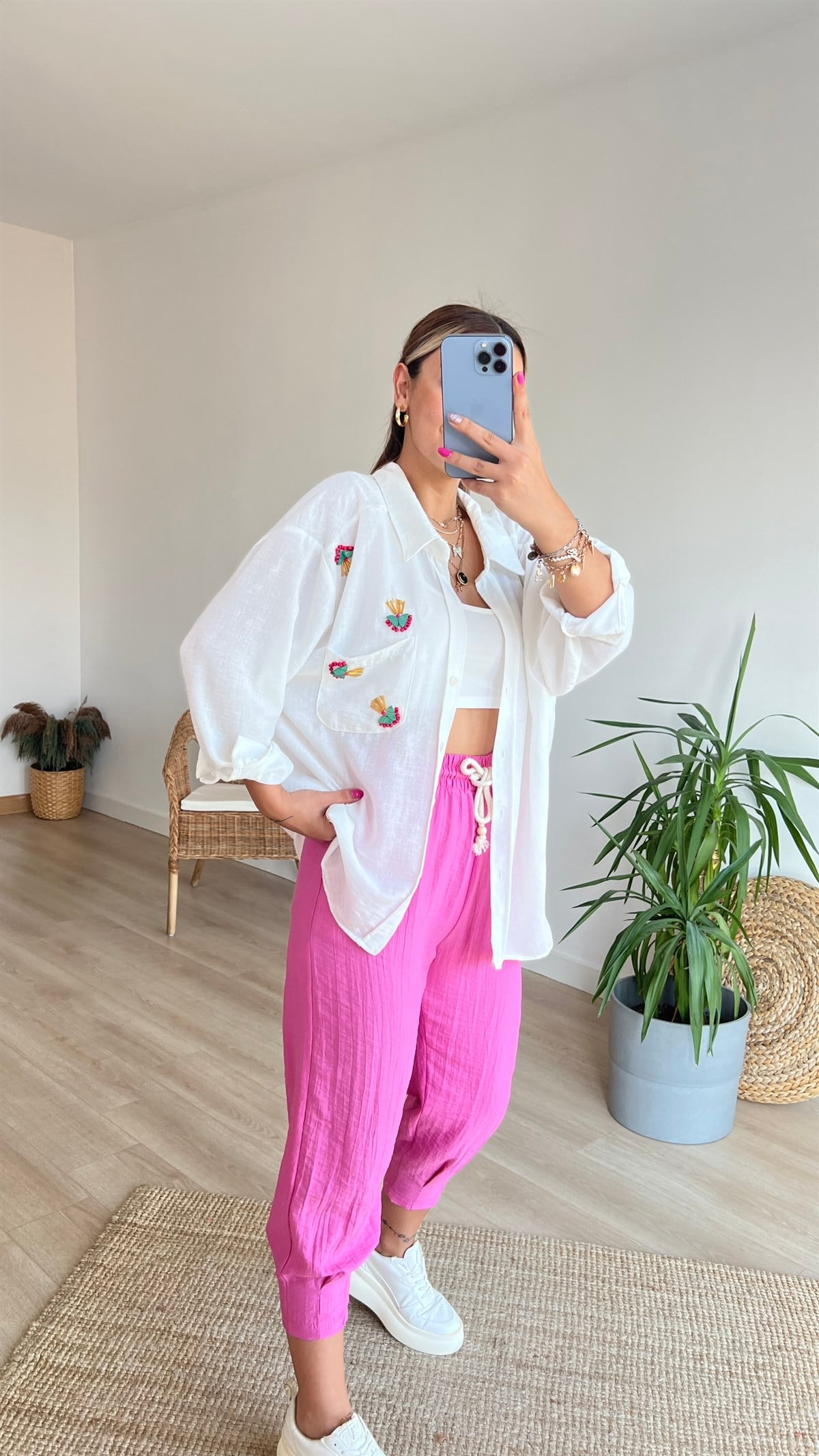 İşleme Taş Detaylı Oversize Keten Gömlek