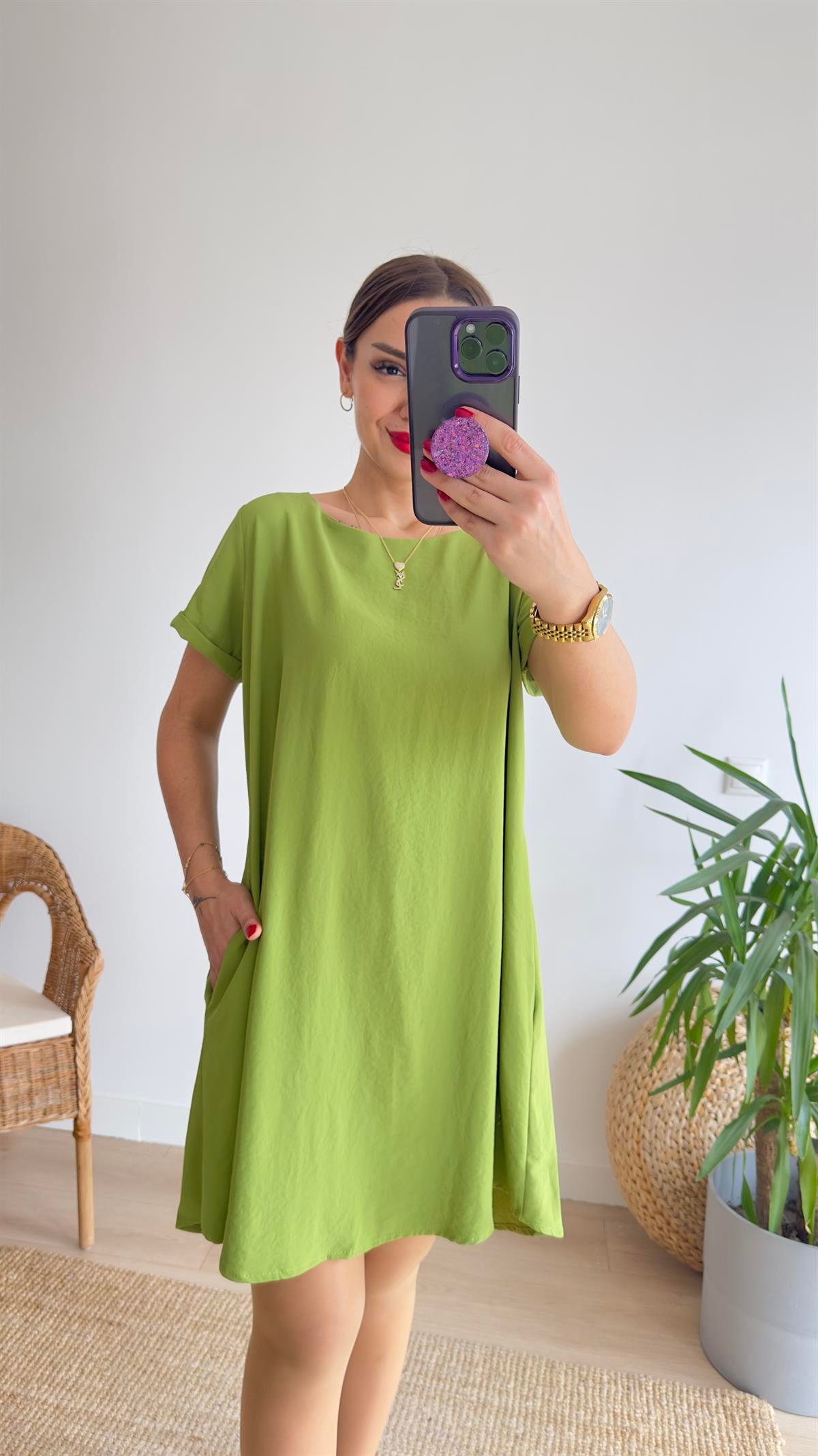 Rina Sırtı Pileli Yeşil Elbise