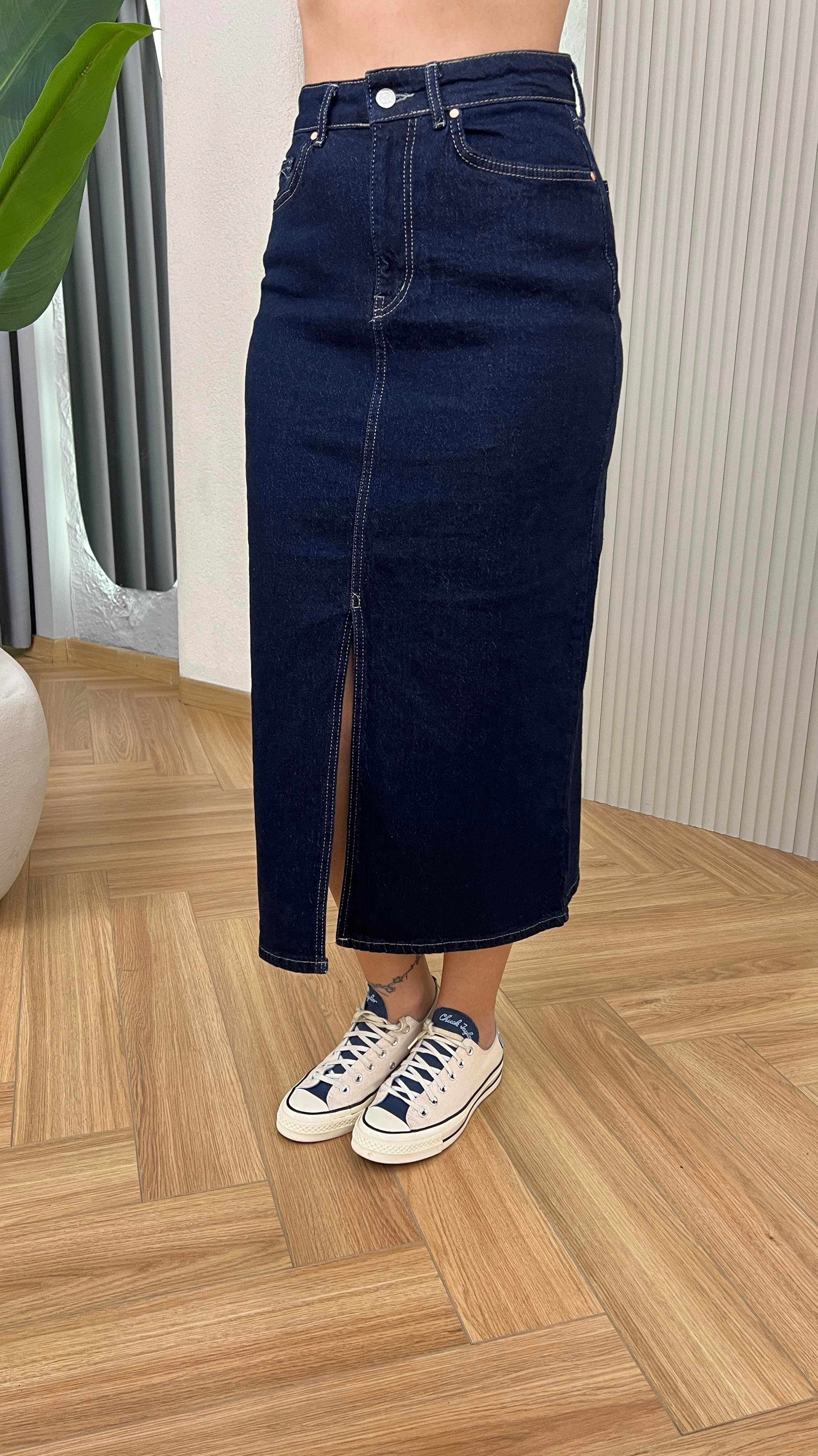 Lacivert Quince Önden Yırtmaçlı Kot Etek