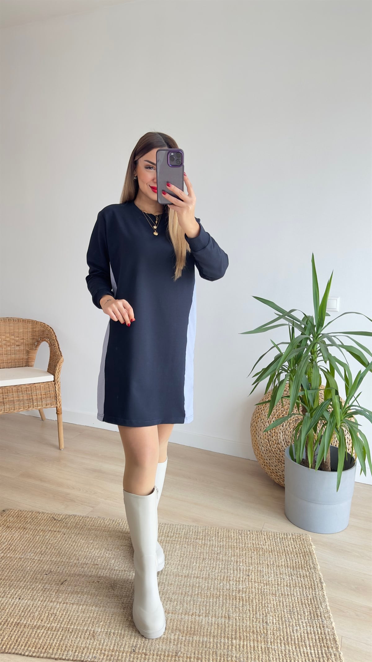 Sırtı Poplin Lacivert Basic Elbise 
