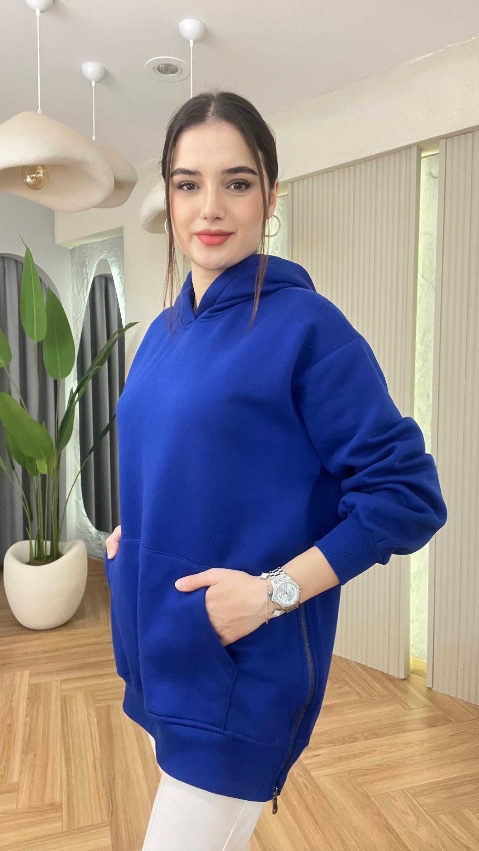 Mavi Wels Yan Fermuarlı Şardonlu Sweatshirt