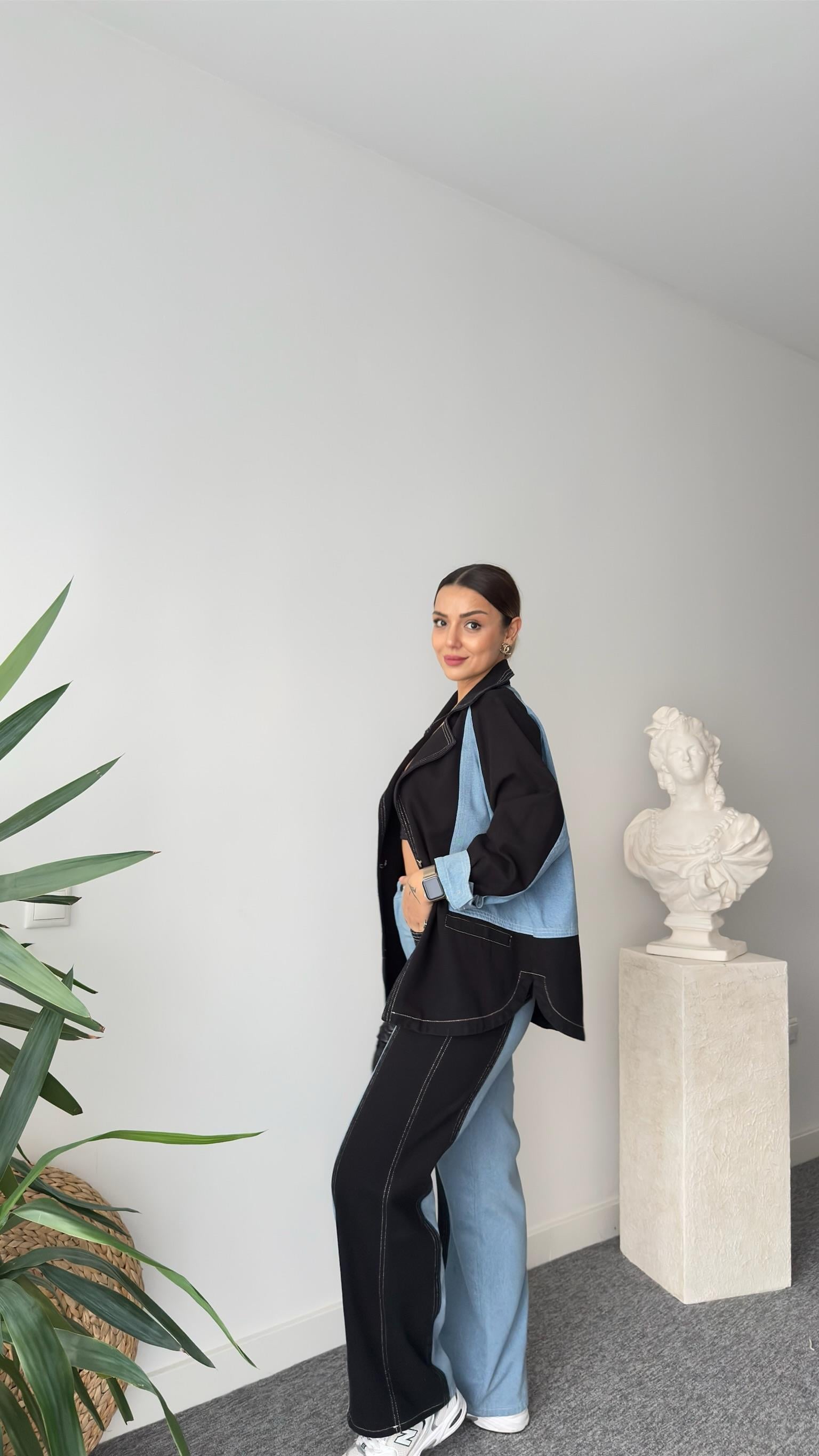 Denim Gabardin Garnili Ceket Pantolon Takım