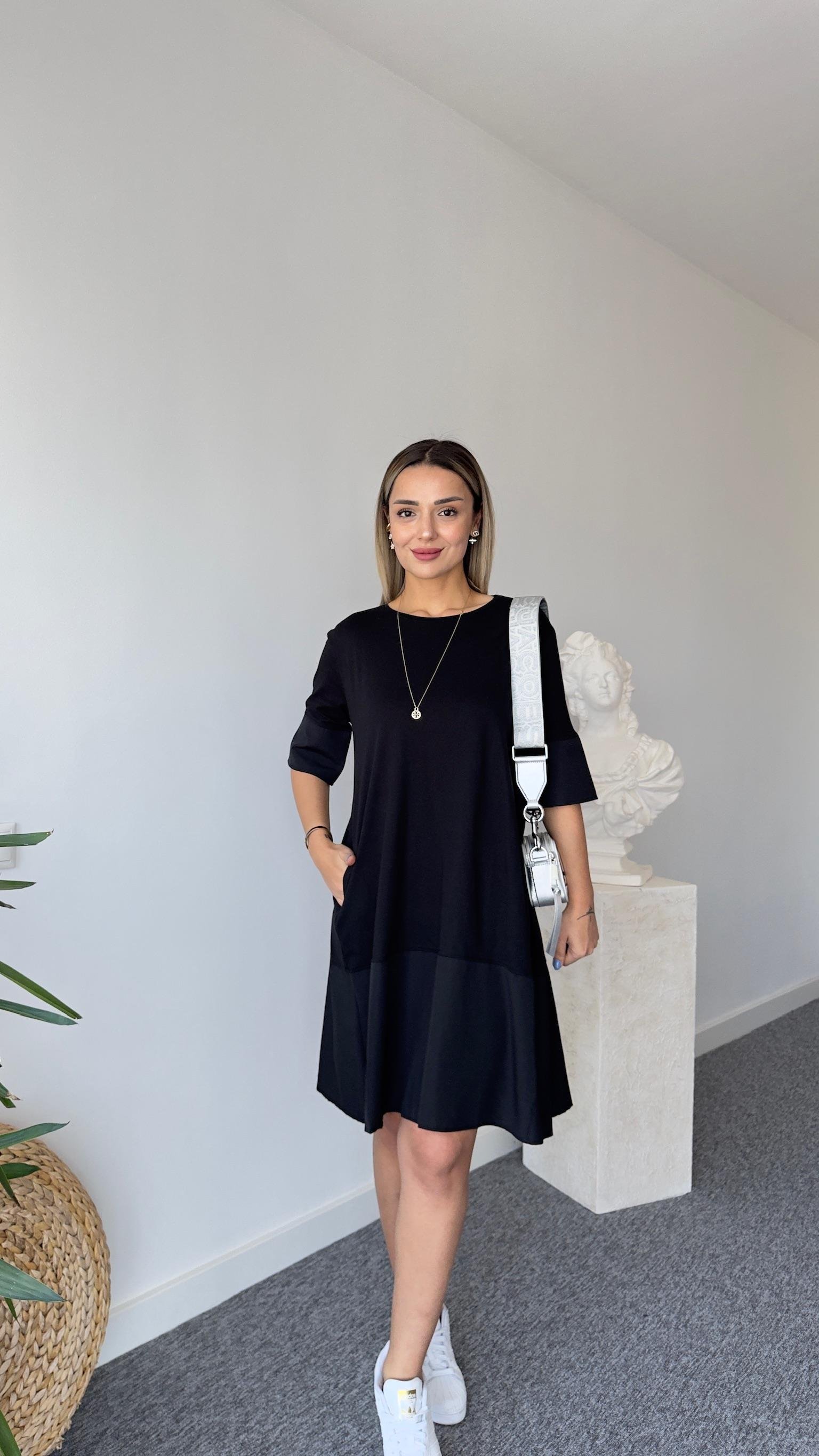 Rope Poplin Detaylı Siyah Basic Elbise 