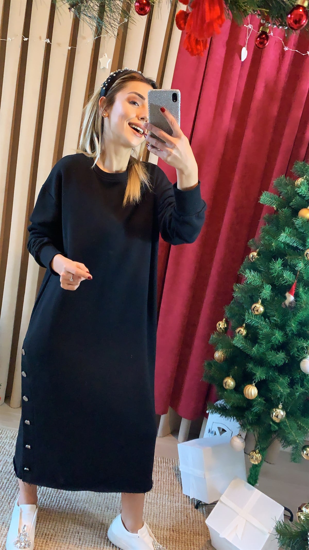Düğmeli Yırtmaç Sweat Elbise 
