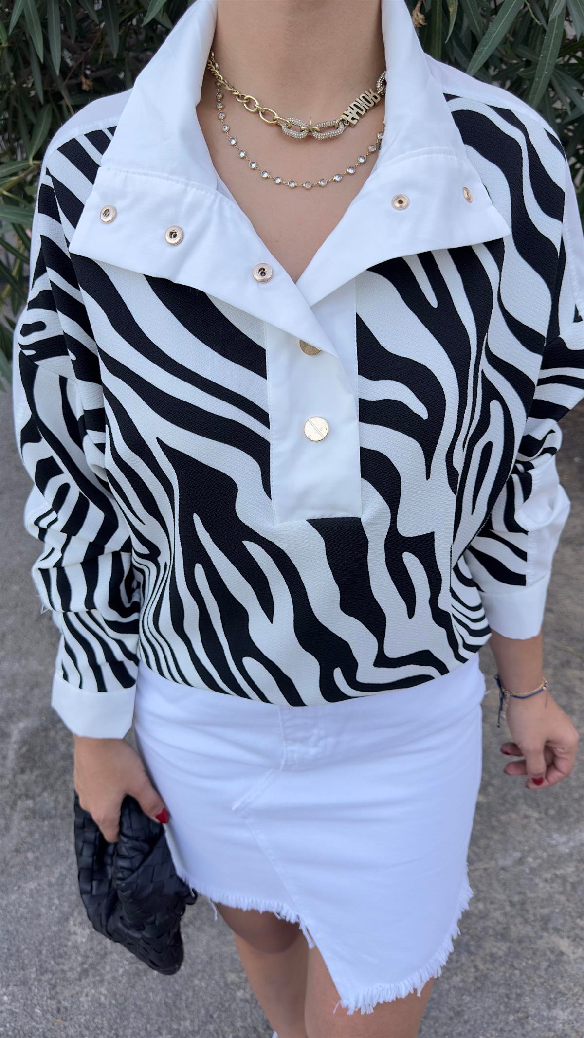 Gold Düğme Zebra Desenli Poplin Sweat