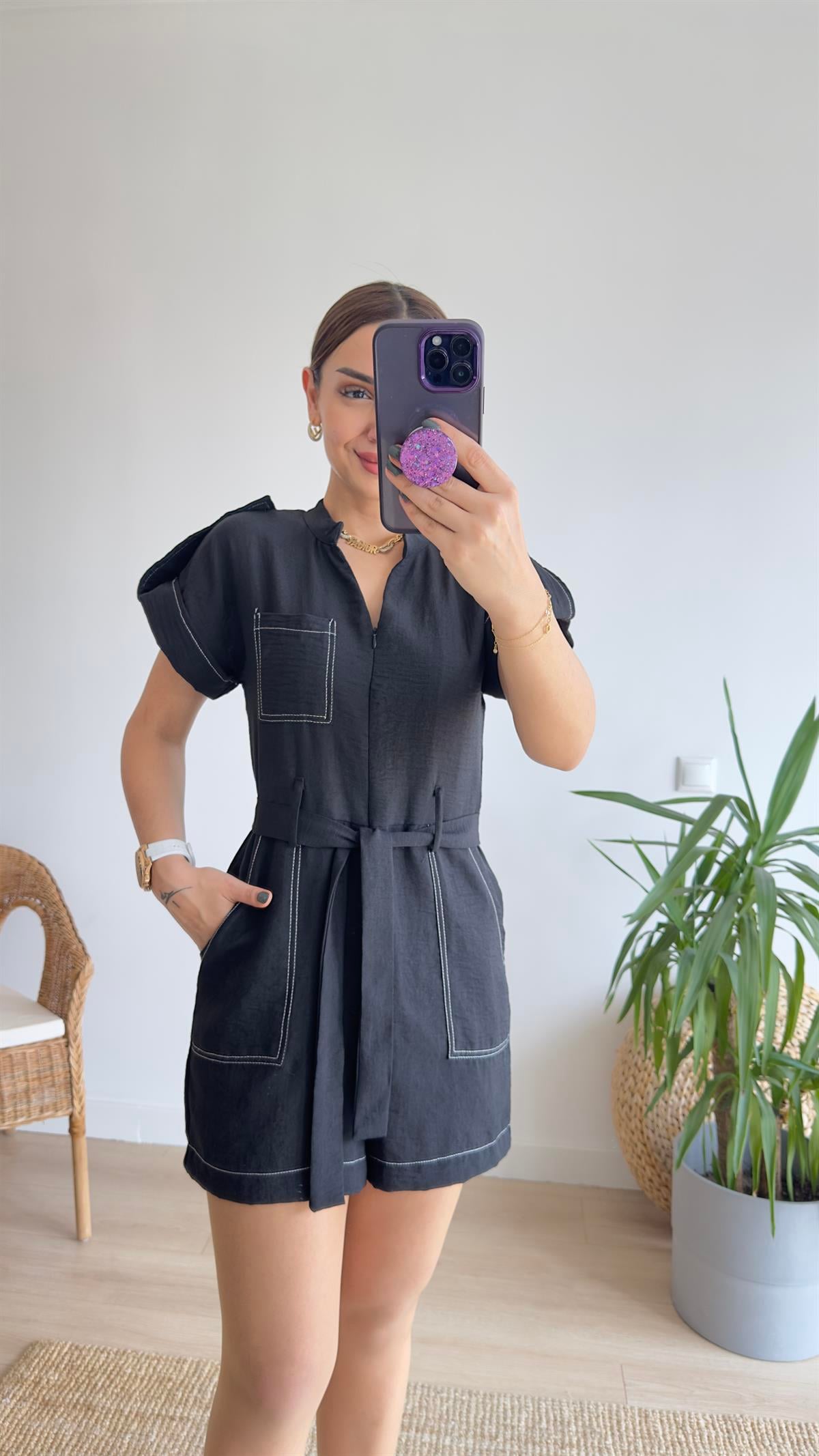 Auro Zra Model Kuşaklı Şort Tulum