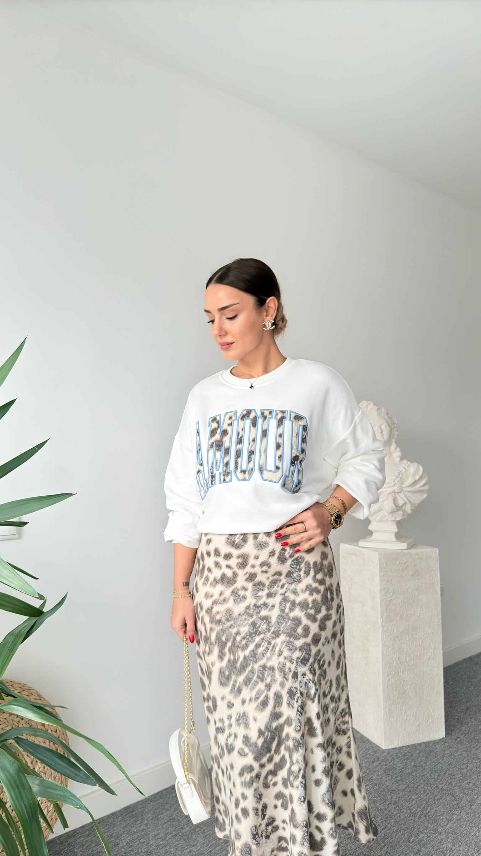 Leopar Amour Yazılı Sweatshirt