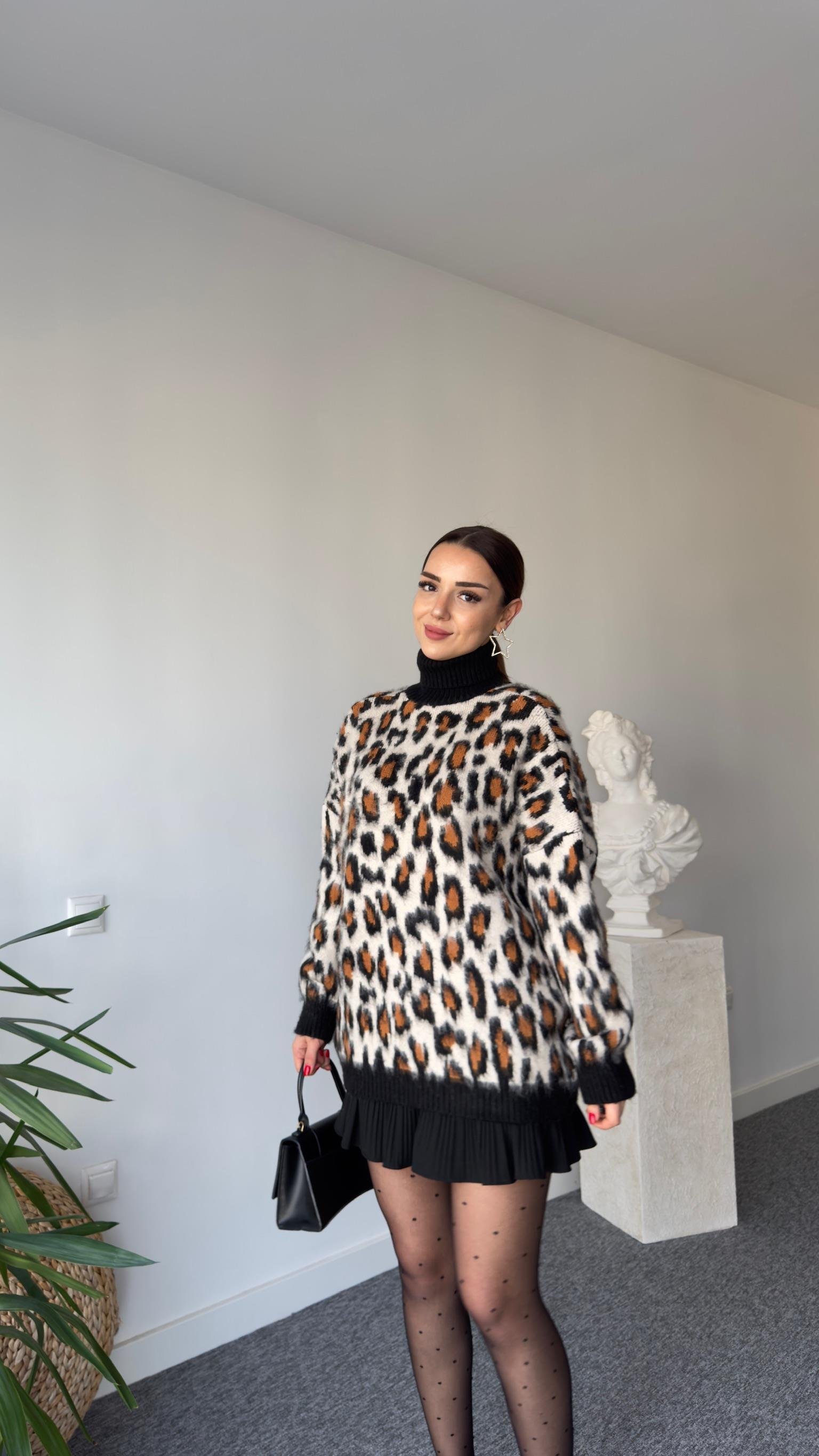 Boğazlı Leopar Desen Sakallı Kazak
