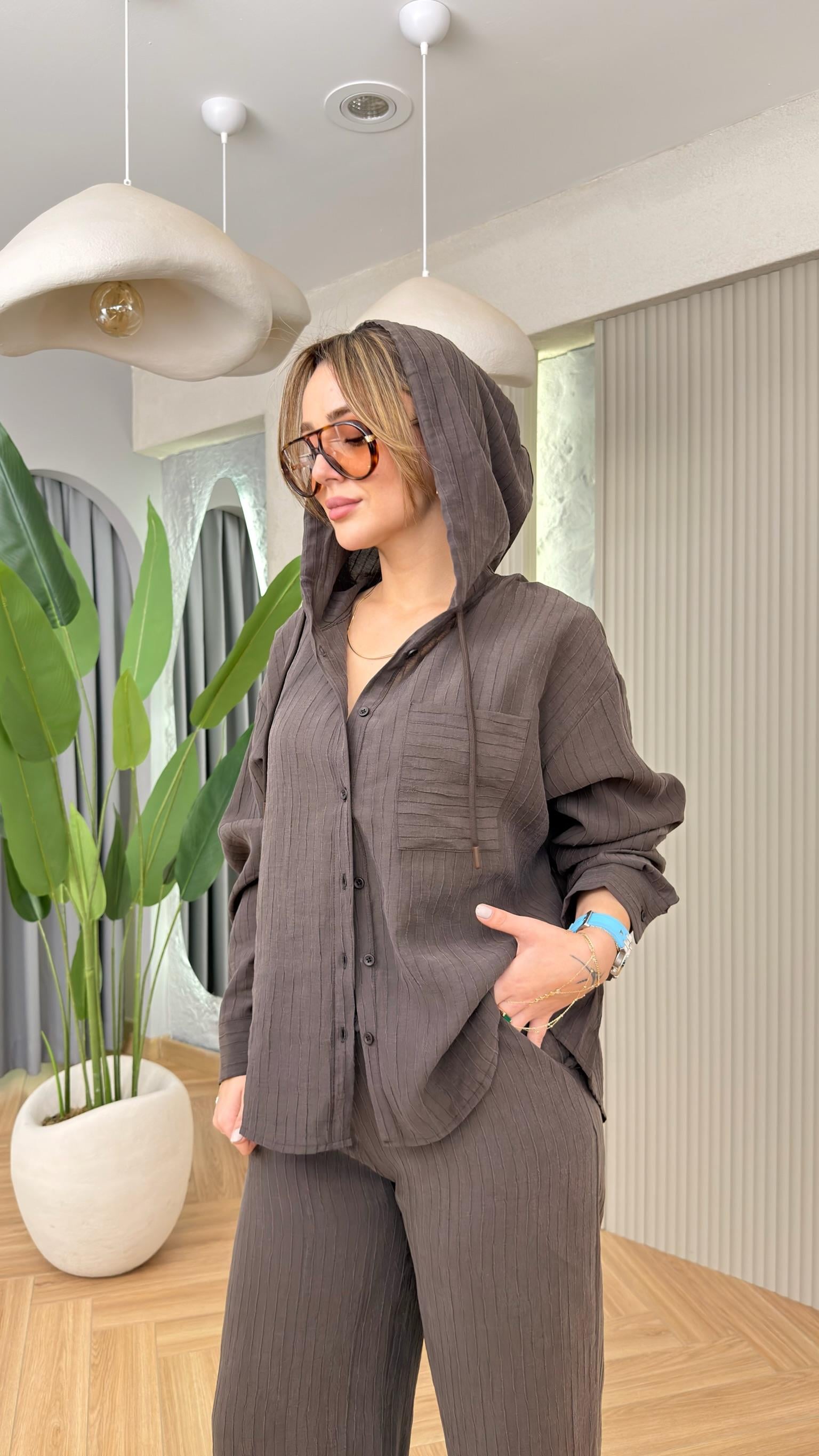 Kahve Wave Kapüşonlu Takım