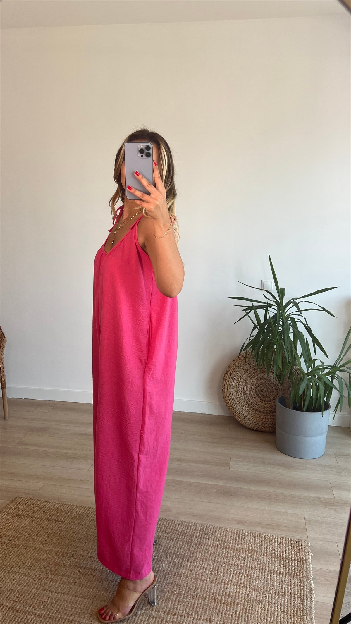 Ayarlanabilir Askılı Pembe Bol Keten Tulum