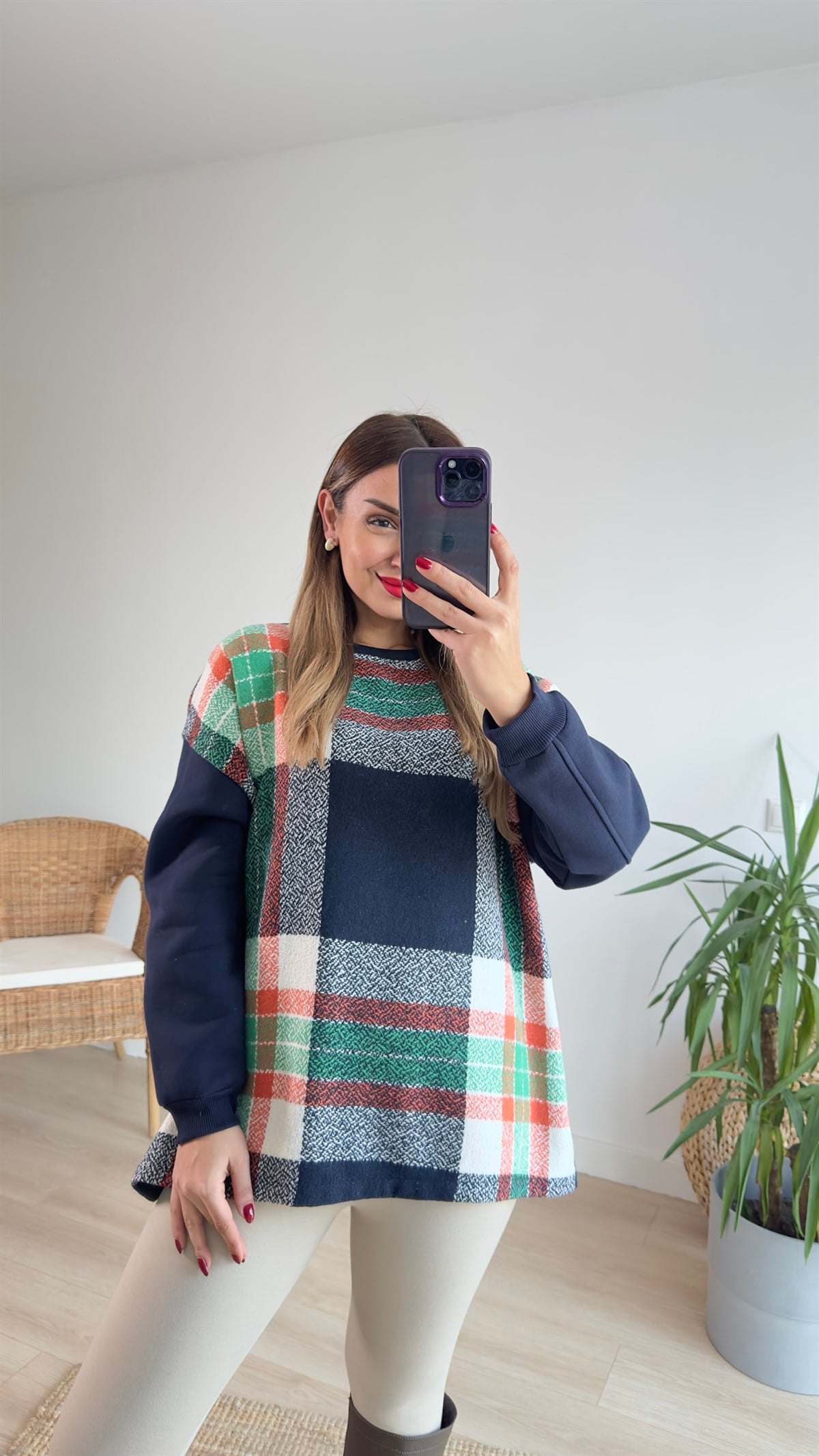 Yeşil Ekose Desen Kolları Düz Salaş Sweat