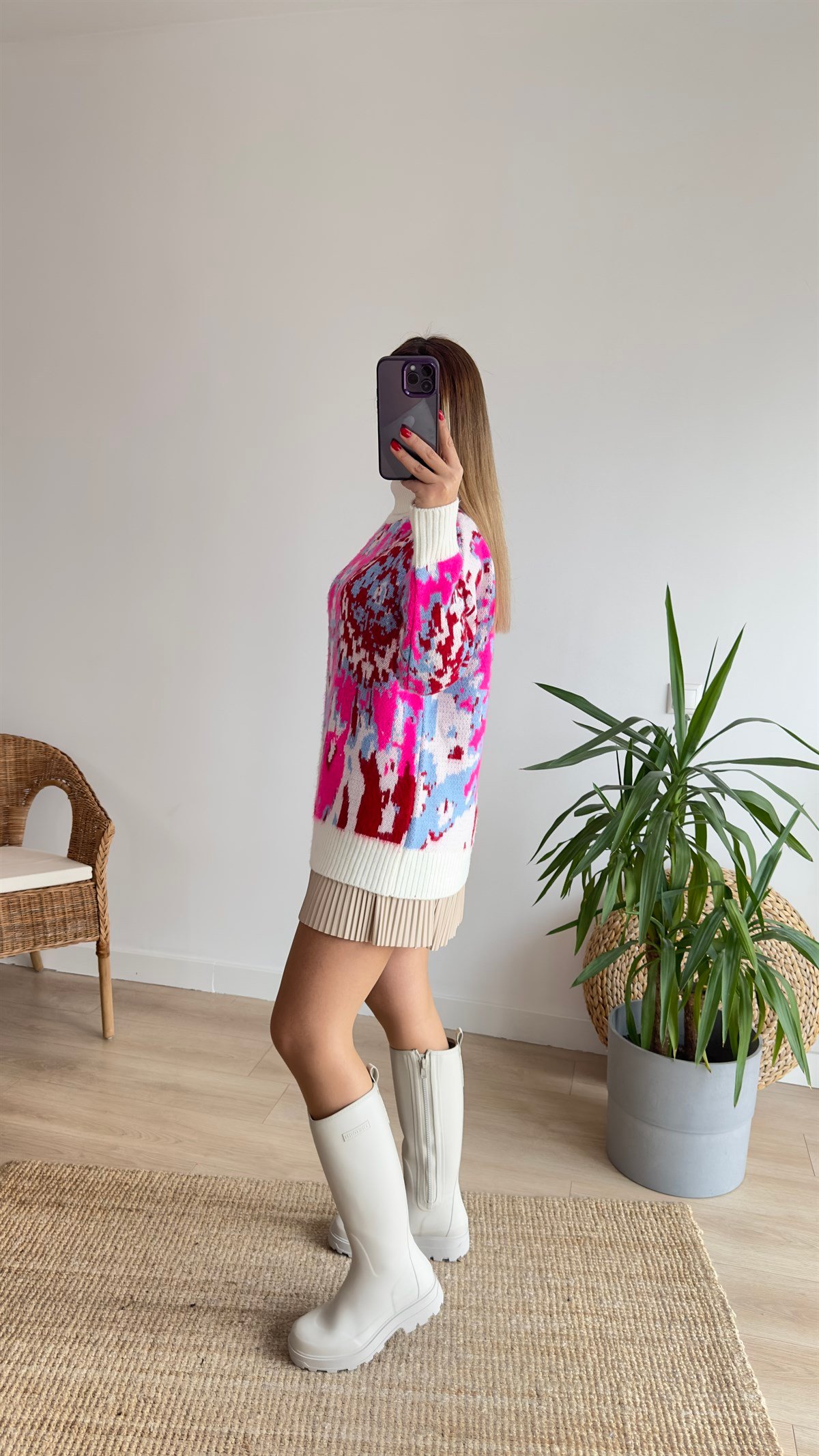 Kırmızı Ebru Desenli Boğazlı Kazak