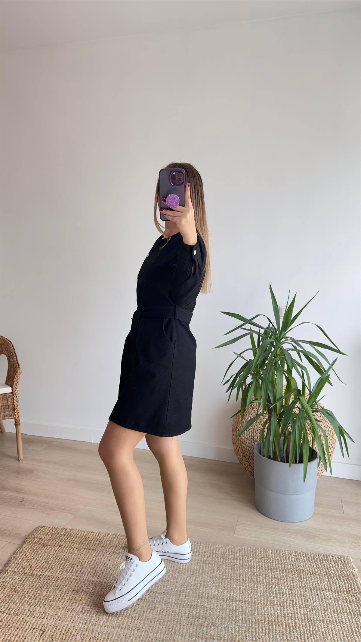 Düğmeli Siyah Denim Elbise