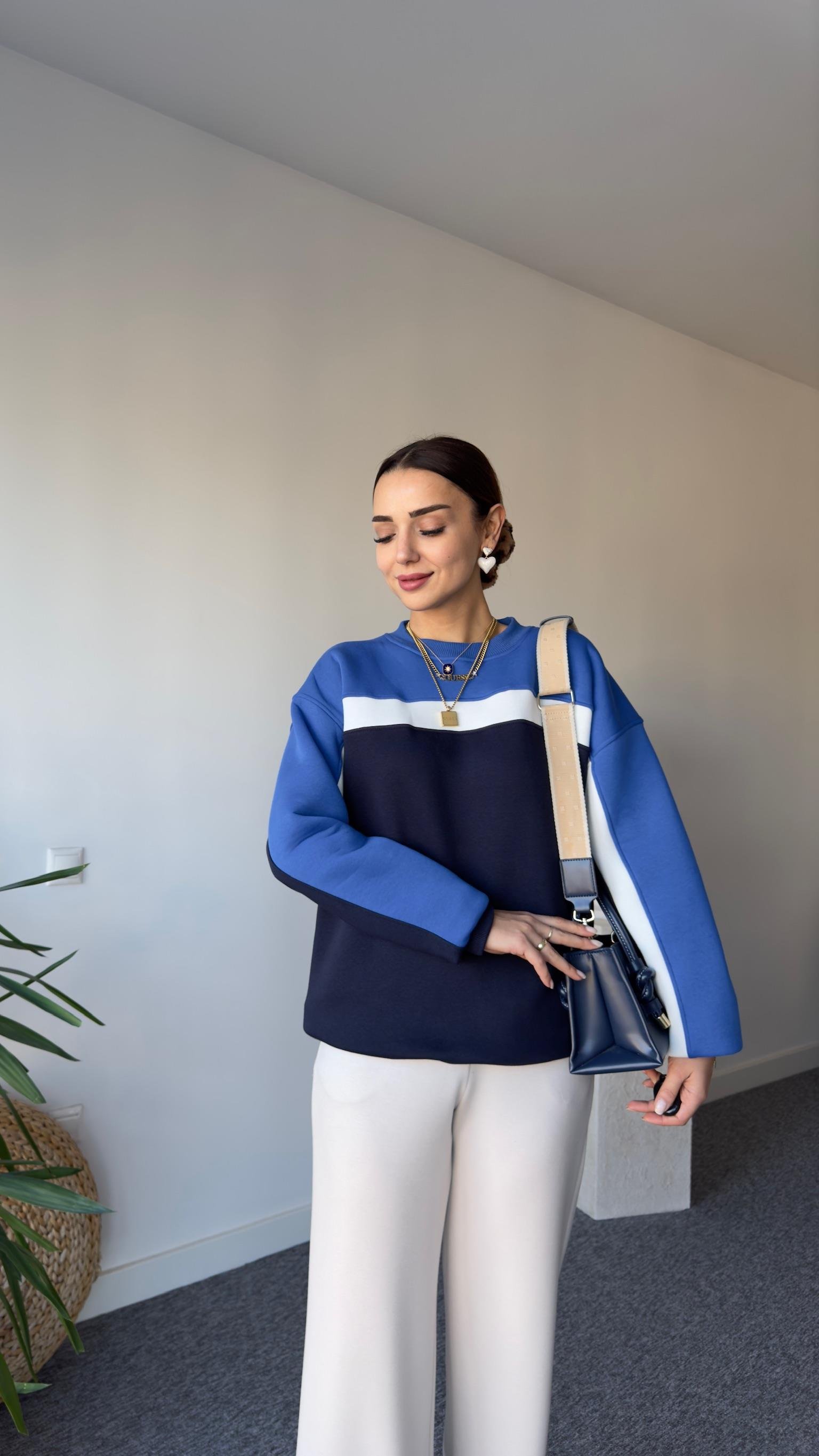 Beyaz Şeritli Çift Renk Sweat Mavi