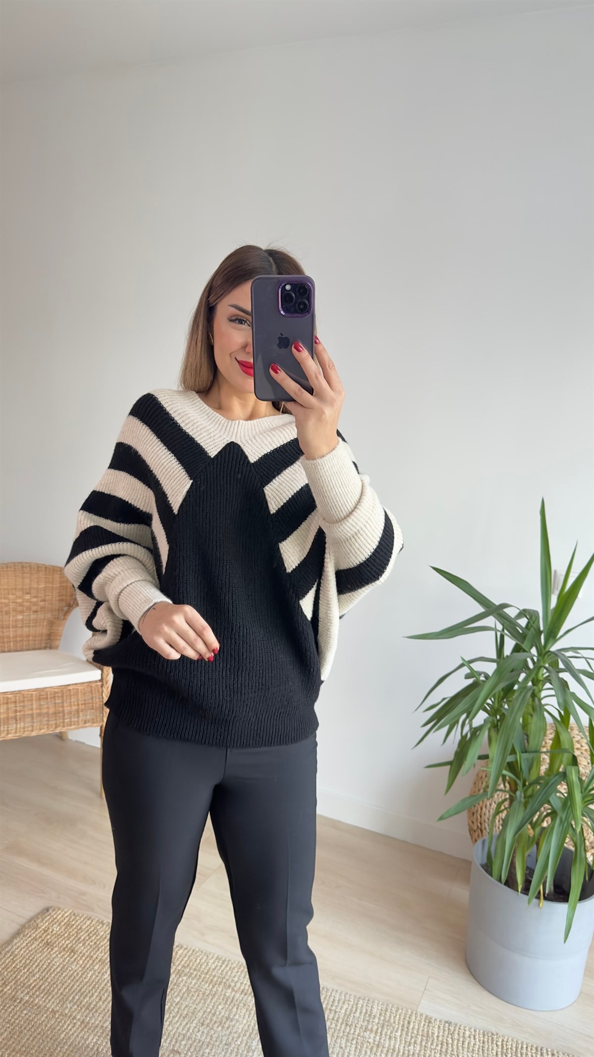 Yarasa Kol Çizgili Triko